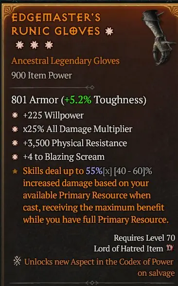 ✧・゚:*✧ Diablo 4 Items - Legendary Gloves (4GA, Will, All Dmg, Blazing Scream, Phys Res) ✧・゚:*✧ Buy or Bye ✧・゚:*✧