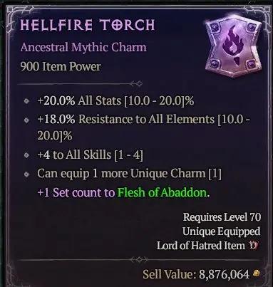 ✧・゚:*✧ Diablo 4 Items - Hellfire Torch Charm ✧・゚:*✧ Final Farewell Price ✧・゚:*✧