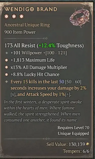 ✧･ﾟ:*✧ Diablo 4 Items: Wendigo Brand Ring (Willpower, Max Life, All Dmg) ✧･ﾟ:*✧ Buy Now, Panic Later ✧･ﾟ:*✧
