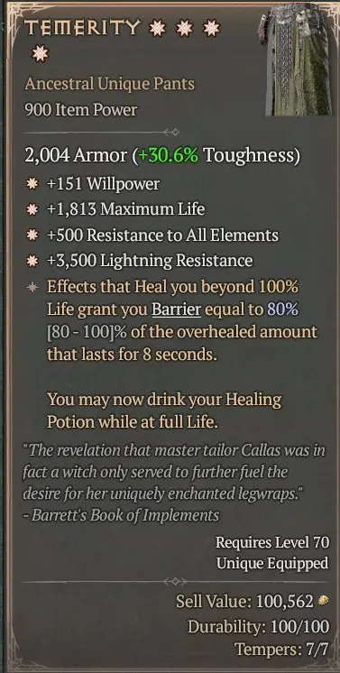 ✧・゚:*✧ Diablo 4 Items: Temerity Pants (Willpower, Max Life, All Res, Lightning Res) ✧・゚:*✧ You + This = Magic ✧・゚:*✧
