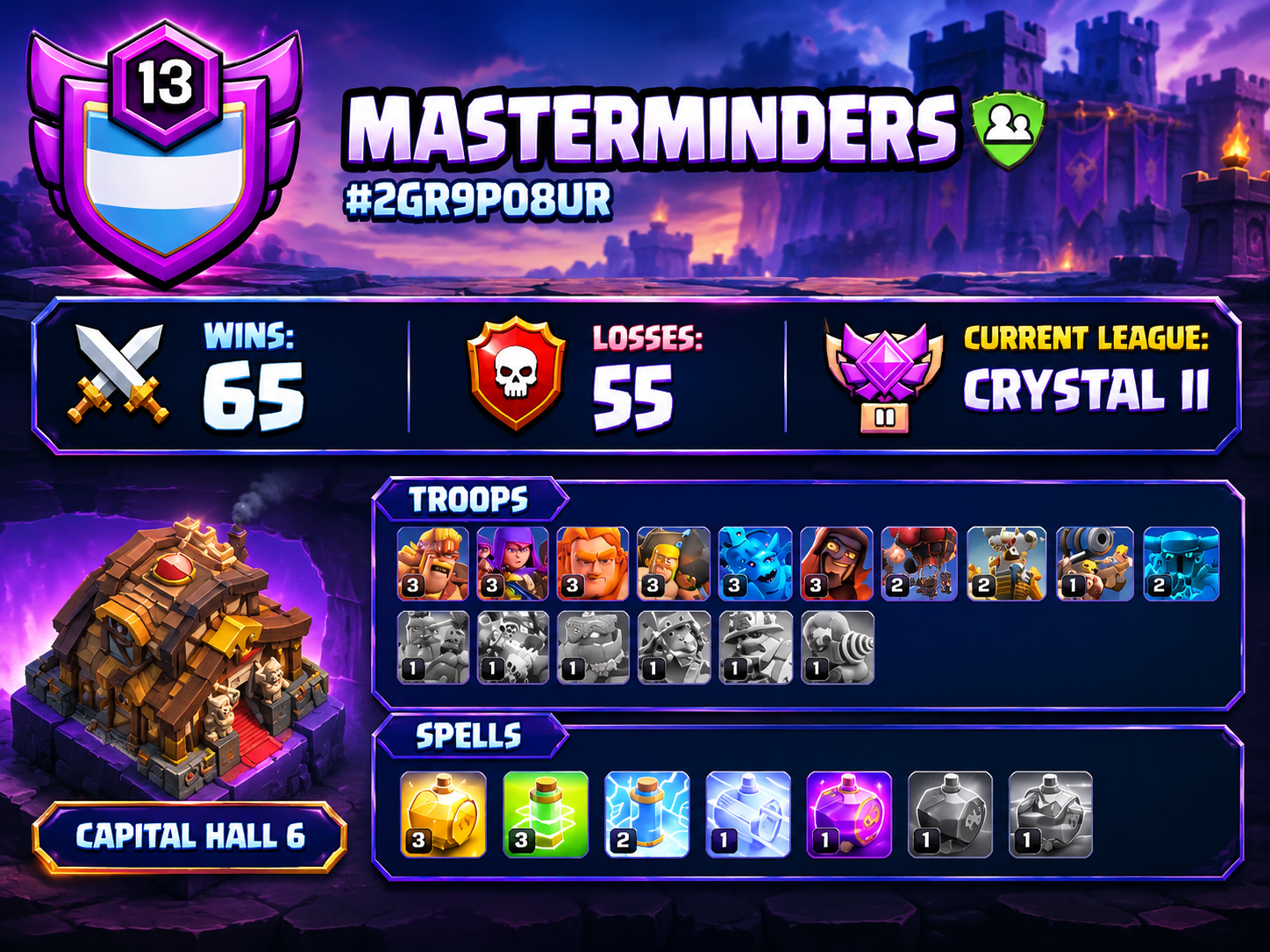 🔥 MASTERMINDERS | LEVEL 13 | CRYSTAL II | 65 WAR WINS | CAPITAL HALL 6 | FOR SALE