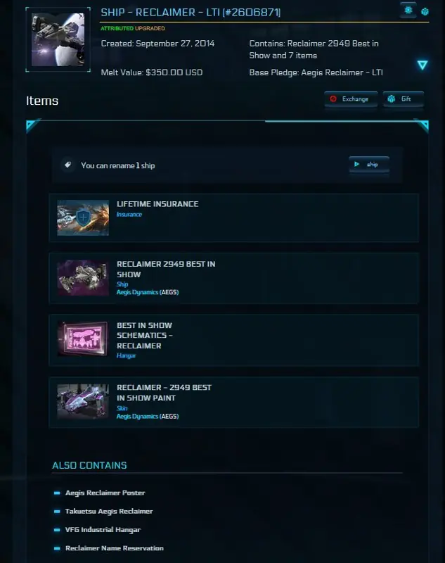 ✧・゚:*✧ Star Citizen Items - Reclaimer - LTI ✧・゚:*✧ Steal the deal ✧・゚:*✧