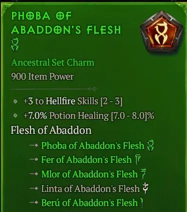 ✧・゚:*✧ Diablo 4 Flesh of Abaddon +15 Hellfire Skills Set of Charms 5/5 ✧・゚:*✧ Smiles, Delivered Fast ✧・゚:*✧
