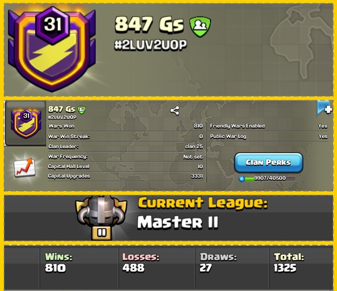 =[ Clan level 31 ]=💥 Rare Name = 847 Gs 💥 Capital Hall 10 Maxed 💥 810 Win 💥Rank Master II 💥