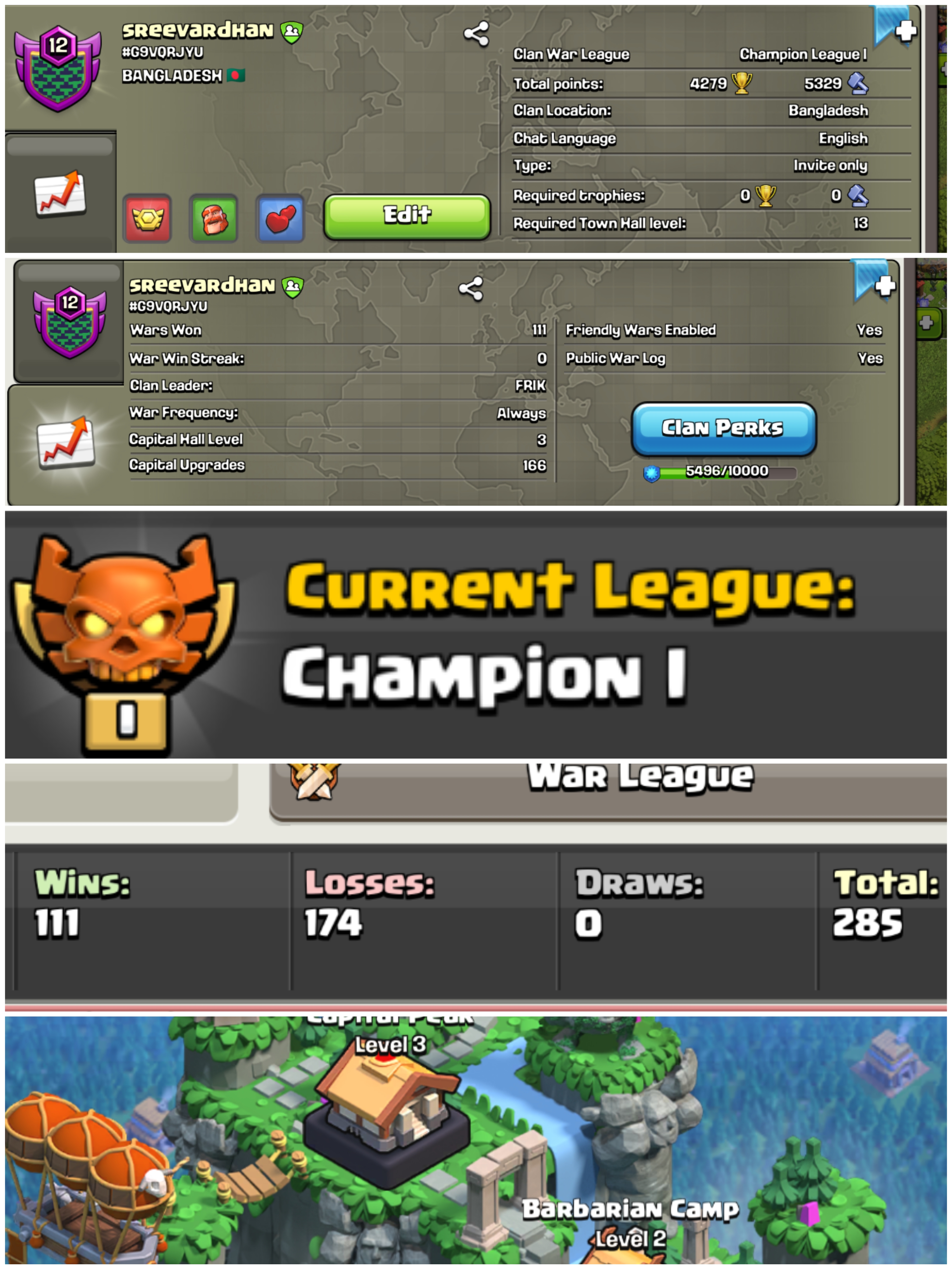 CLAN LEVEL 12 || CHAMPION 1 || NAME SREEVARDHAN || RARE ENGLISH NAME | | CLAN CAPITAL 3 ||WIN- 111 LOSS- 174