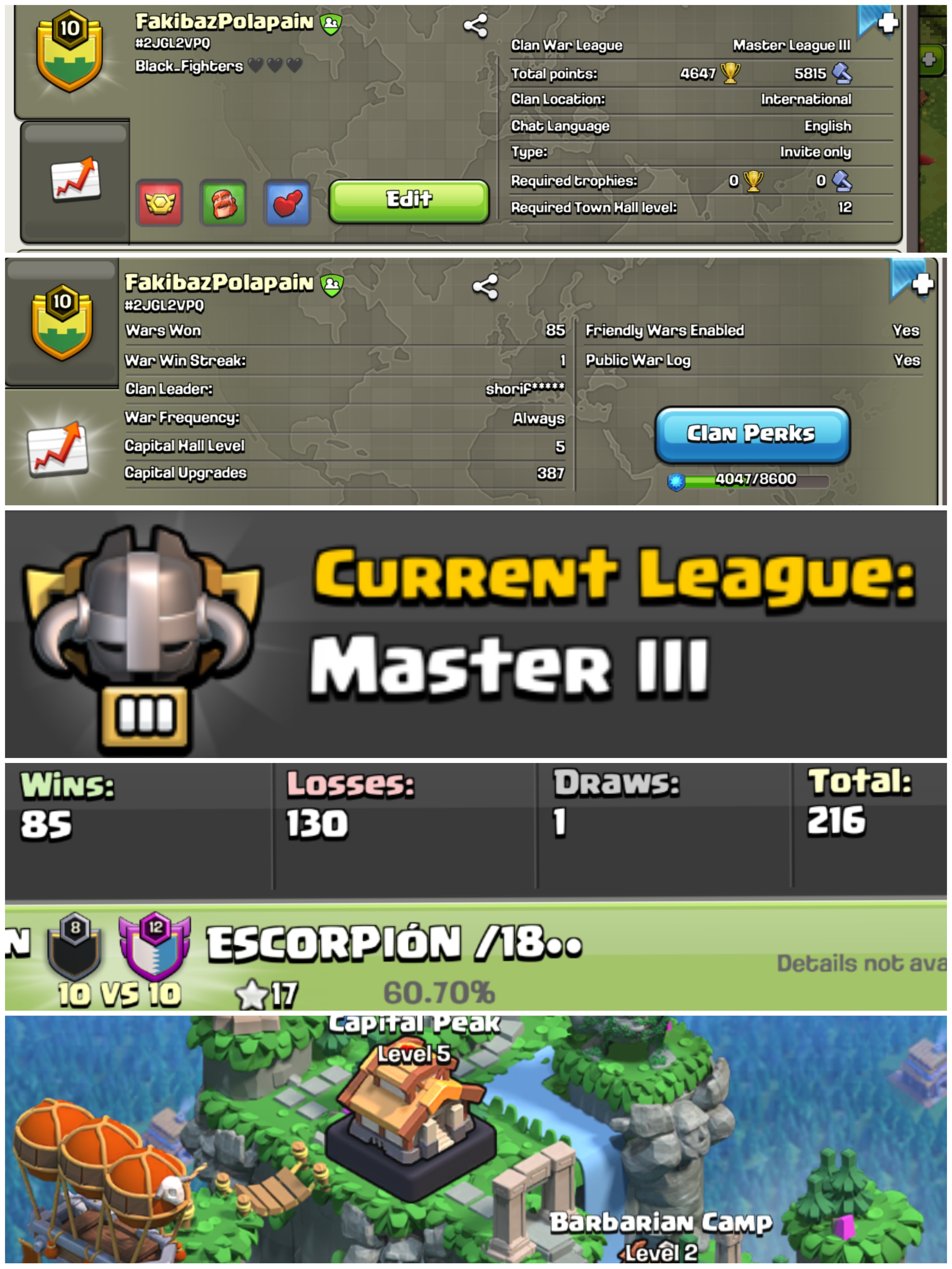 CLAN LEVEL 10 MASTER LEAGUE 3 NAME FAKIBAZ POLAPAIN | RANDOM NAME |CLAN CAPITAL 5 | WIN- 85 LOSS-130