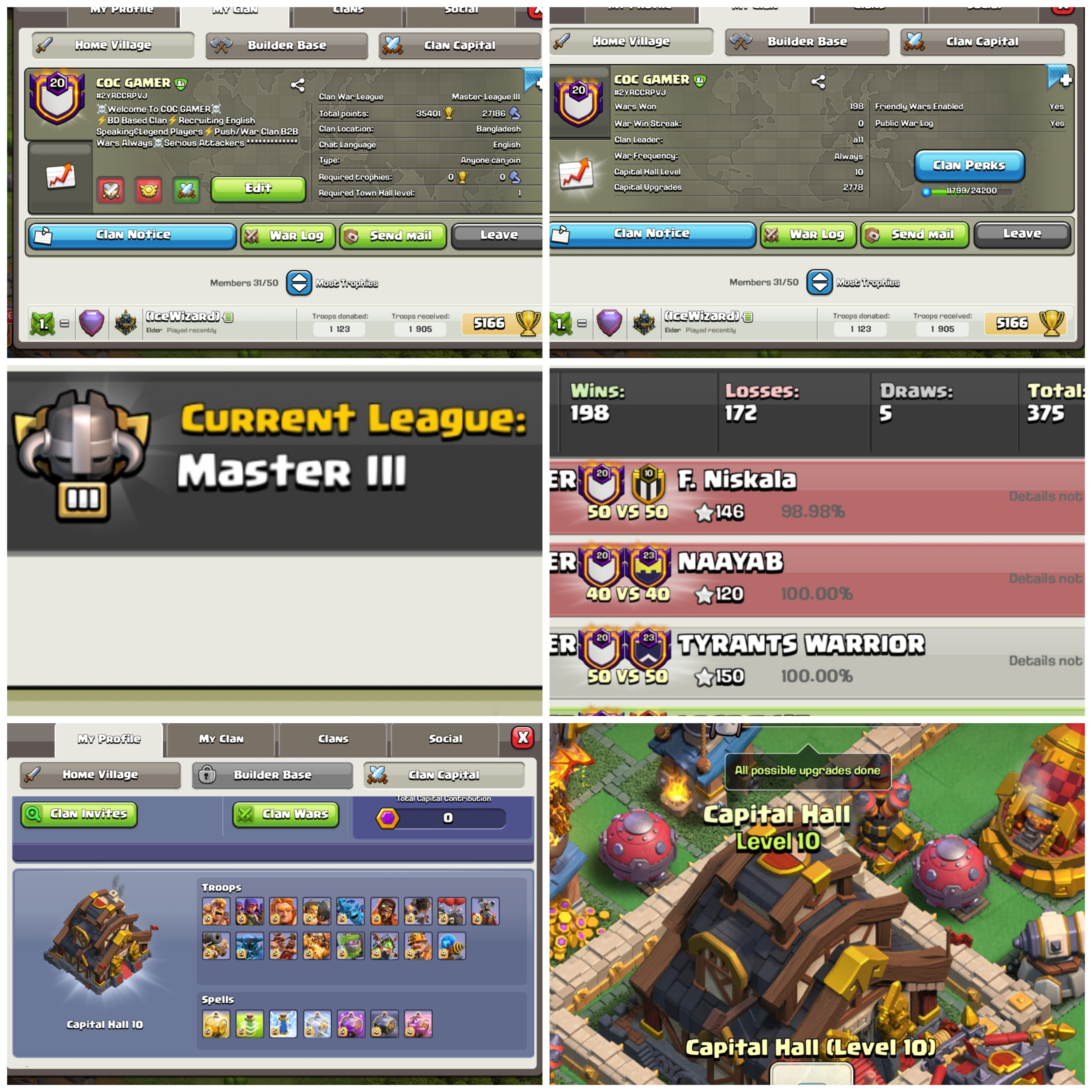 RARE CU- 2778 TROOPS | MAX LEVEL 20 | CLAN CAPITAL-10 FULL MAX | NAME COC GAMER | MASTER 3 WIN-198 | LOSS- 172