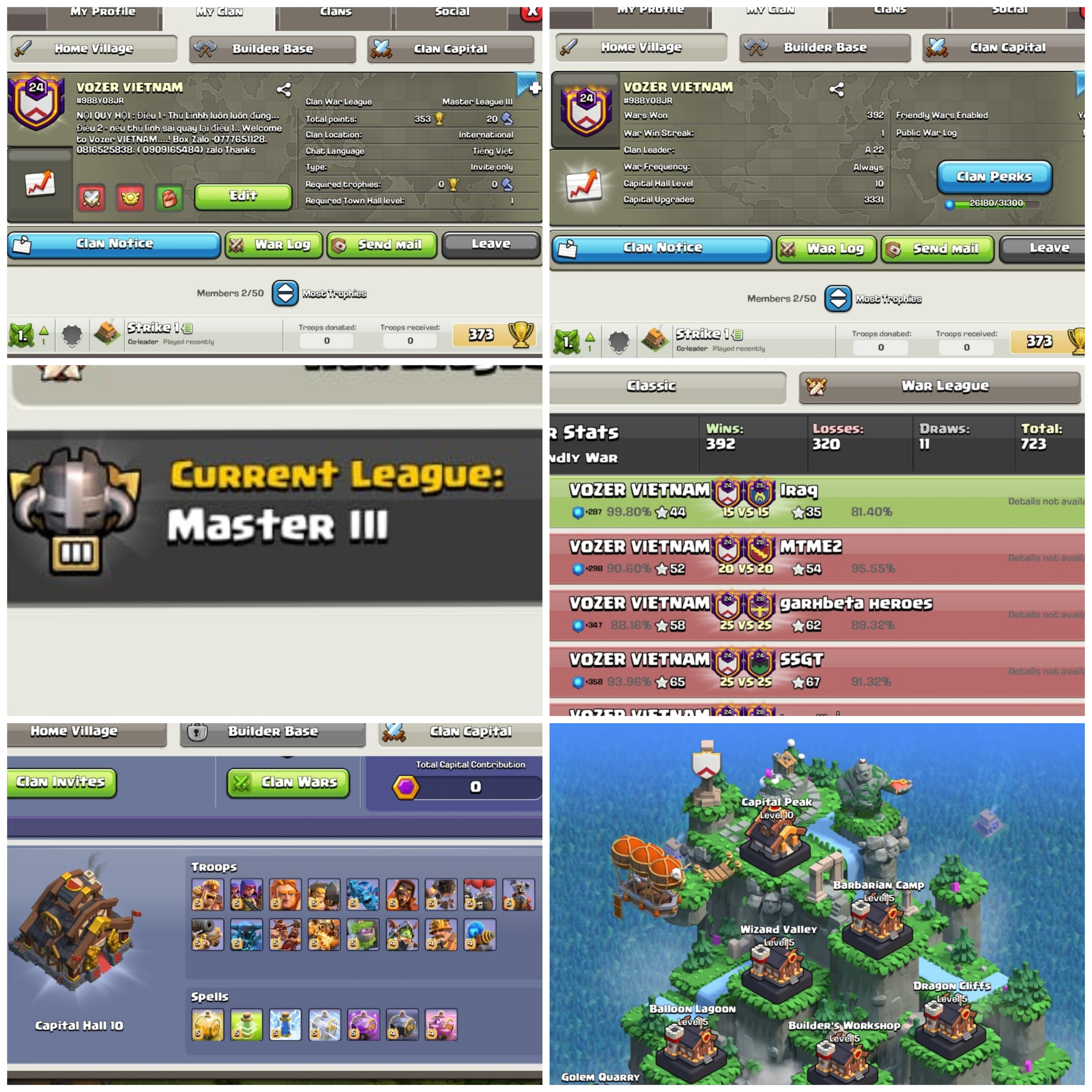 RARE CLAN || CU-3331 ||CLAN LEVEL 24 || MASTER LEAGUE 3 || NAME: VOZER VIETNAM || CLAN CAPITAL 10 FULLY MAXED || || WIN- 392 | LOSS- 320 ||