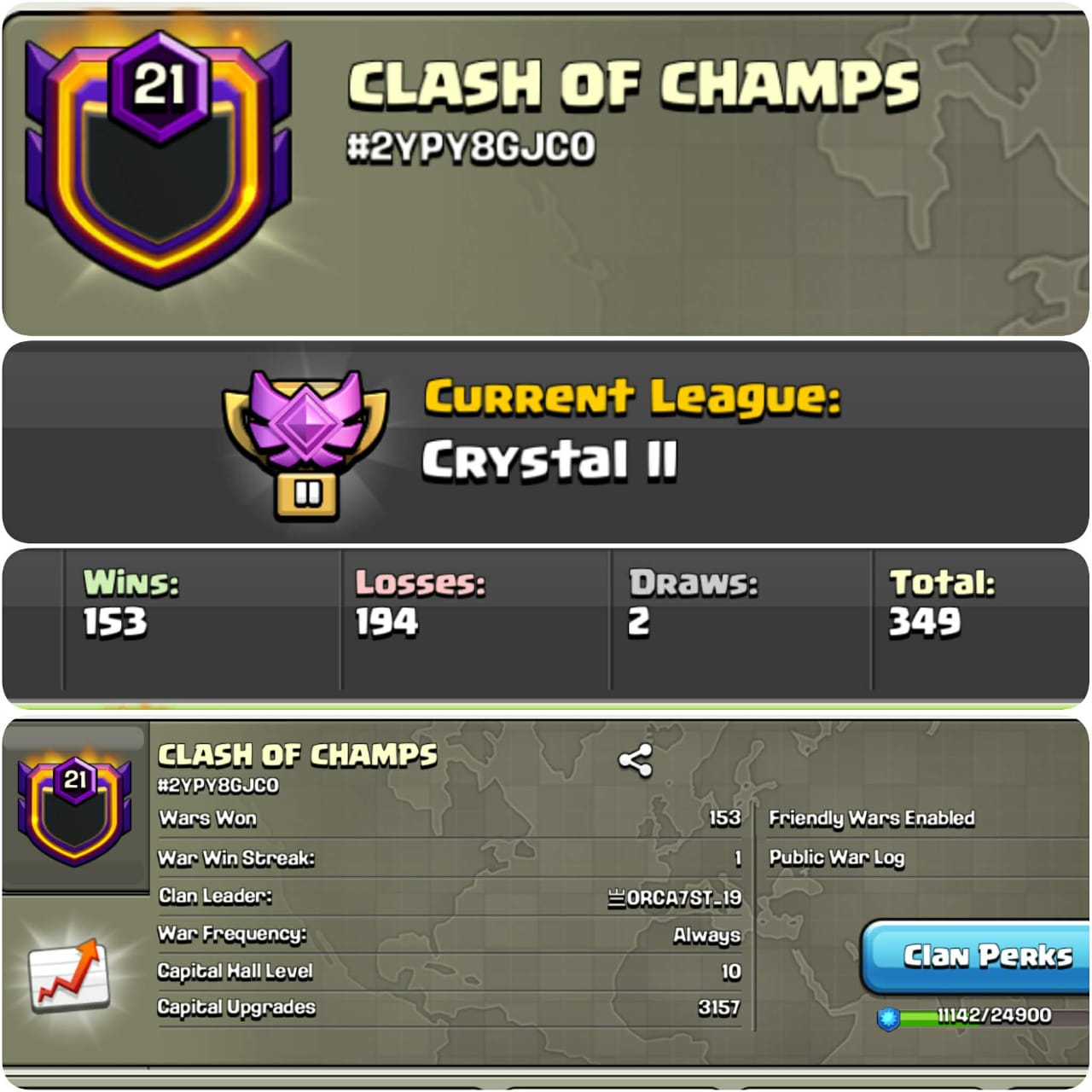 CU-3157➤CLAN LEVEL 21 ➤ CRYSTAL LEAGUE 2➤NAME: CLASH OF CHAMPS ➤ RARE ENGLISH NAME ➤ CLAN CAPITAL 10 || WIN- 153 | LOSS- 194 ➤LOW PRICE