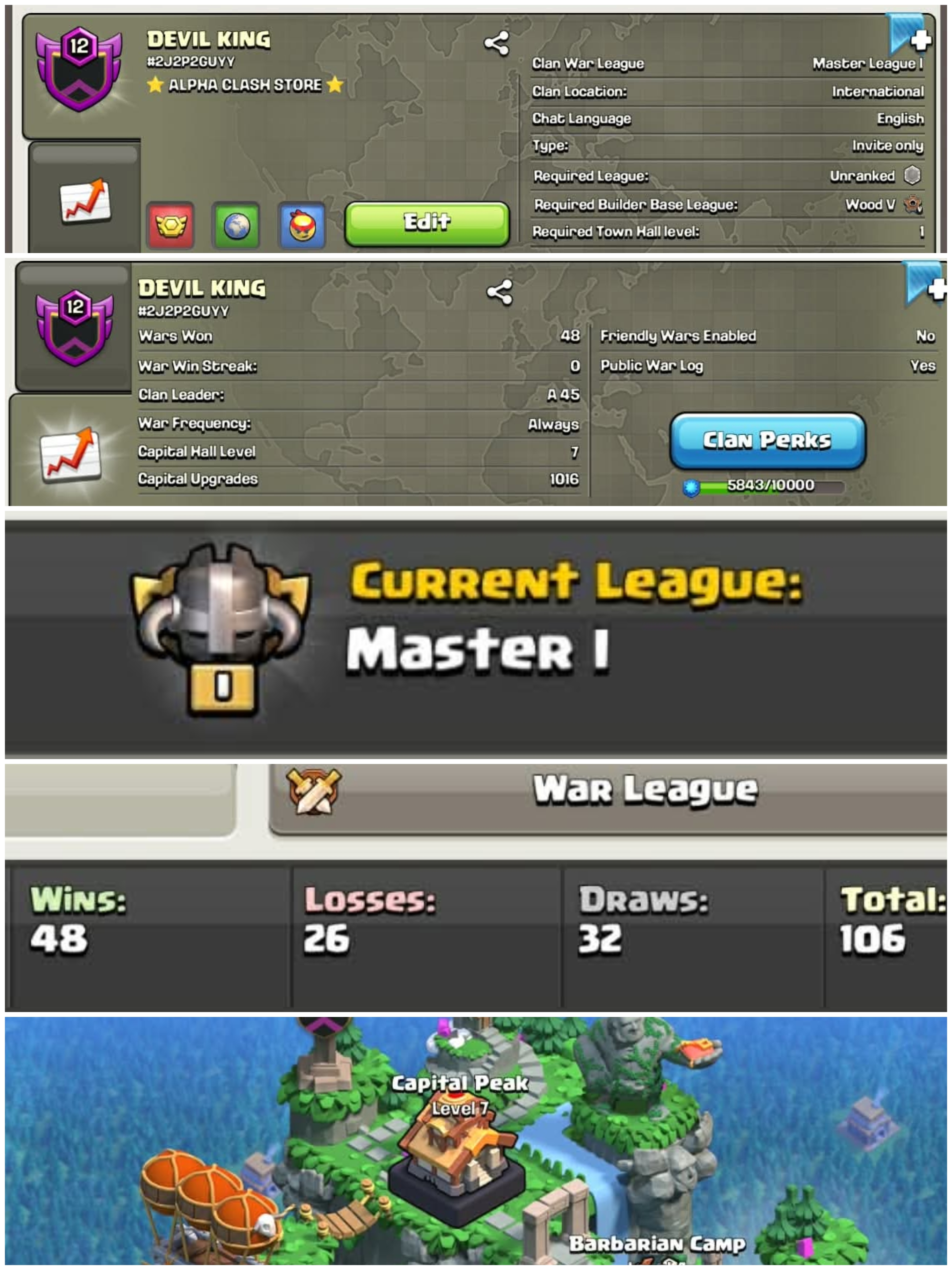 ➤CLAN LEVEL 12 ➤ MASTER LEAGUE 1➤NAME:DEVIL KING ➤ RARE ENGLISH NAME ➤ CLAN CAPITAL 7 || WIN- 48 | LOSS- 26➤LOW PRICE