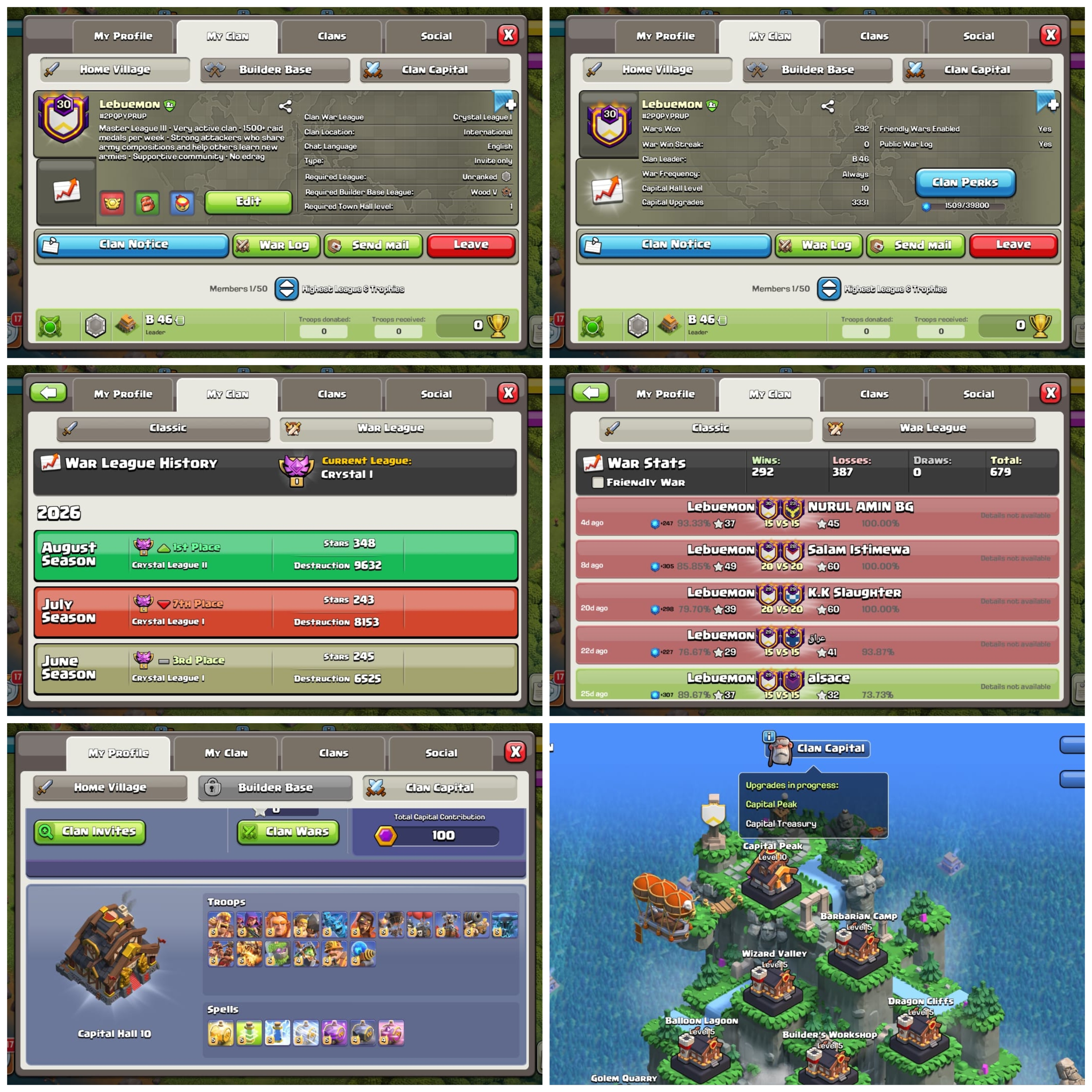 CU-3331➤CLAN LEVEL 30 ➤ CRYSTAL LEAGUE 1➤NAME: Lebumon ➤ RARE ENGLISH NAME ➤ CLAN CAPITAL 10 || WIN- 292 | LOSS- 387 ➤LOW PRICE