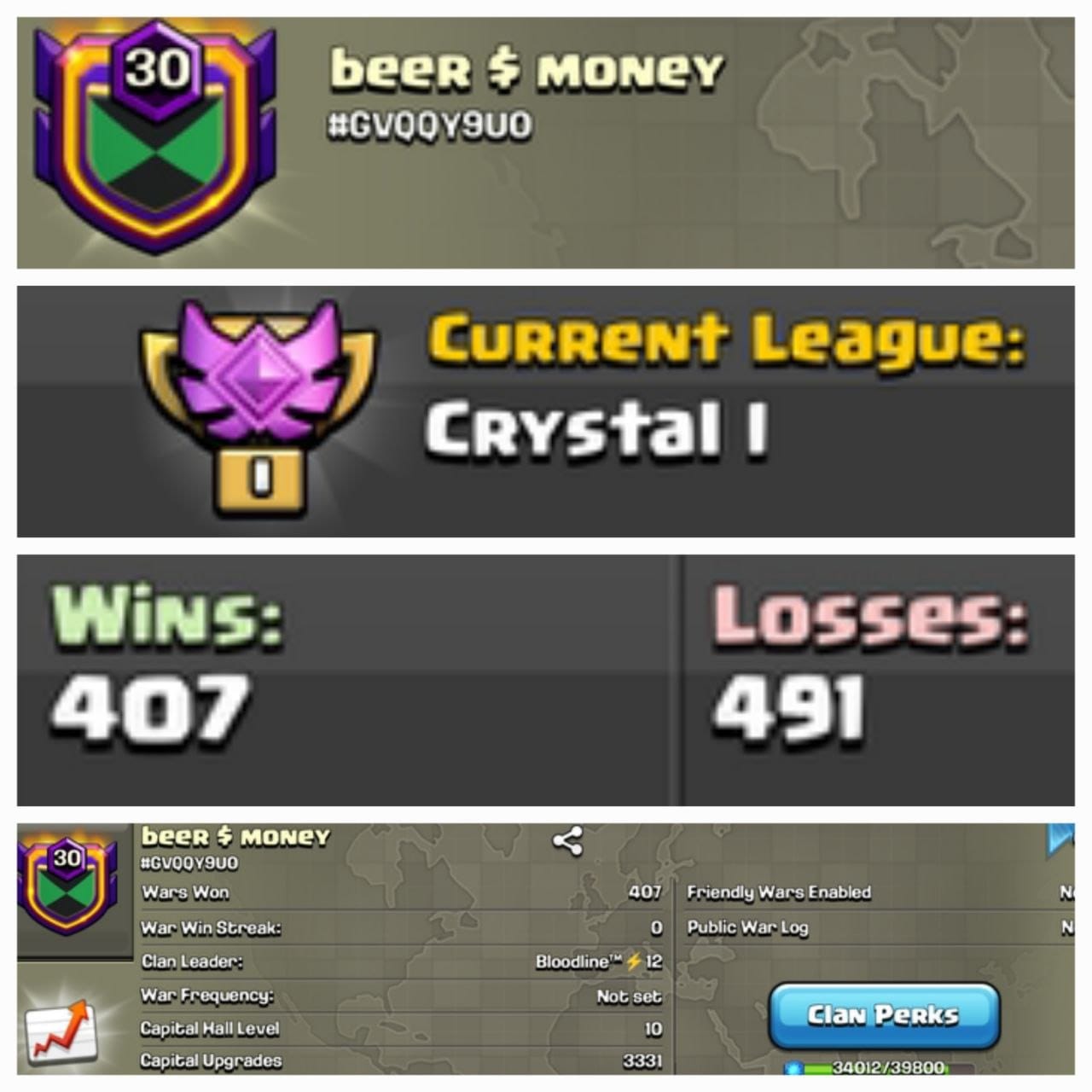 CU-3331➤CLAN LEVEL 30➤ CRYSTAL LEAGUE 1➤NAME: beer&money ➤ RARE ENGLISH NAME ➤ CLAN CAPITAL 10 || WIN- 407 | LOSS-491 ➤LOW PRICE