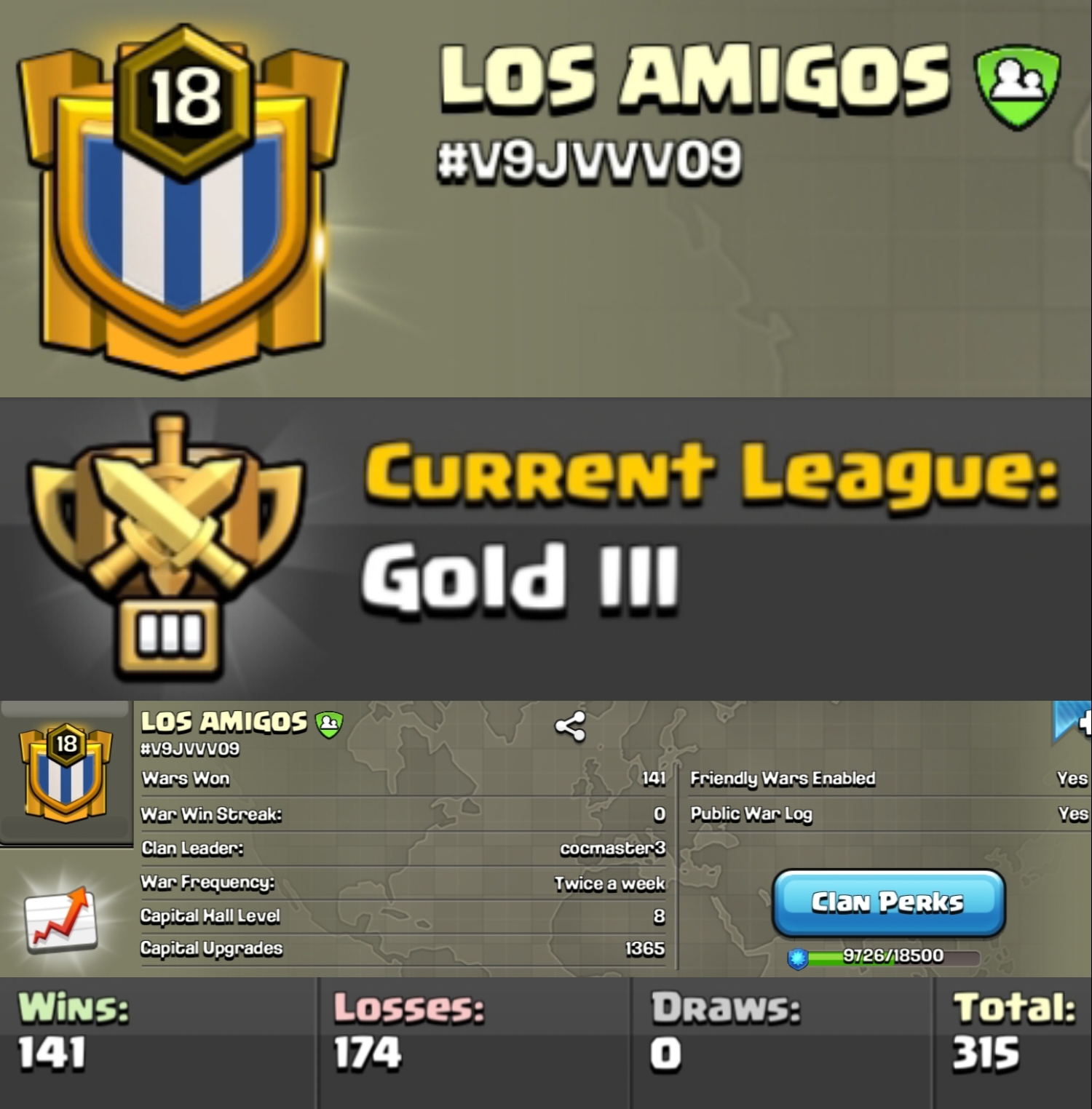 Level 18 clan || clan capital 8 || gold 3 || special tag #V9JVVV09 || spanish name - LOS AMIGOS