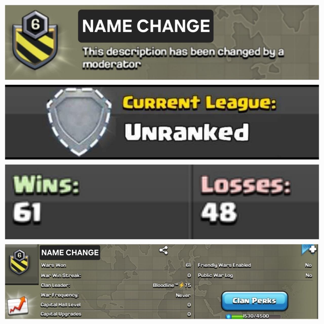 Level 6 name change clan || unranked  || warlog 61-48