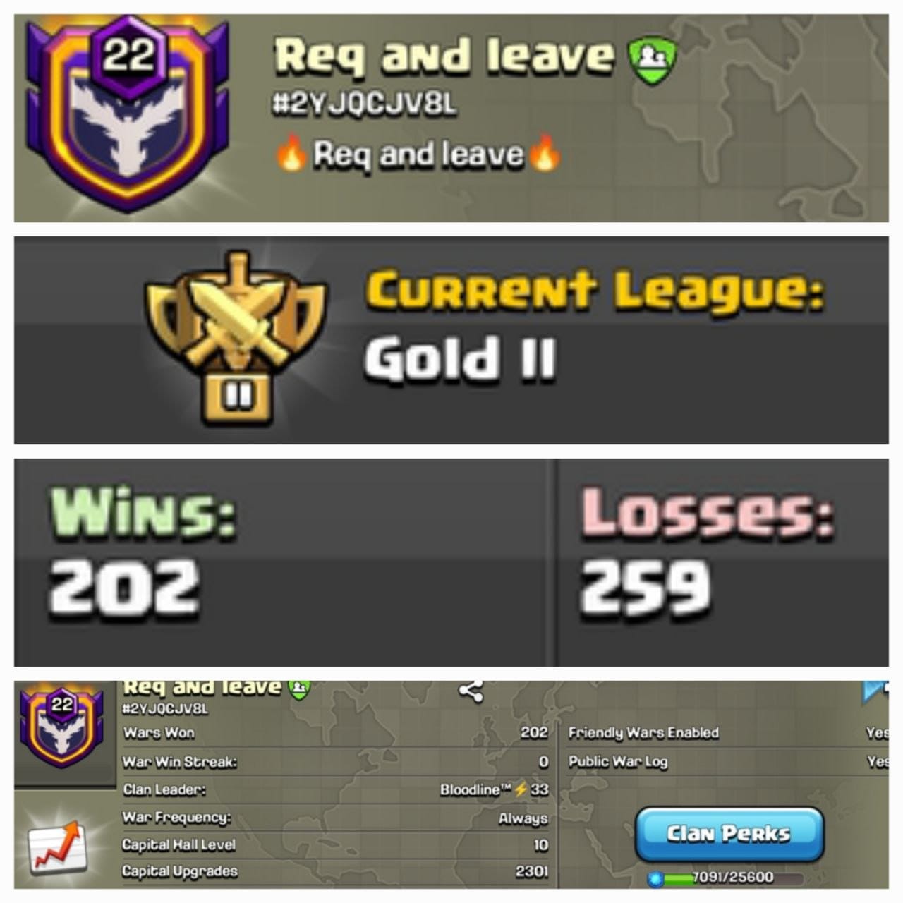 Req and leave Level 22 clan || clan capital 10 || gold 2
