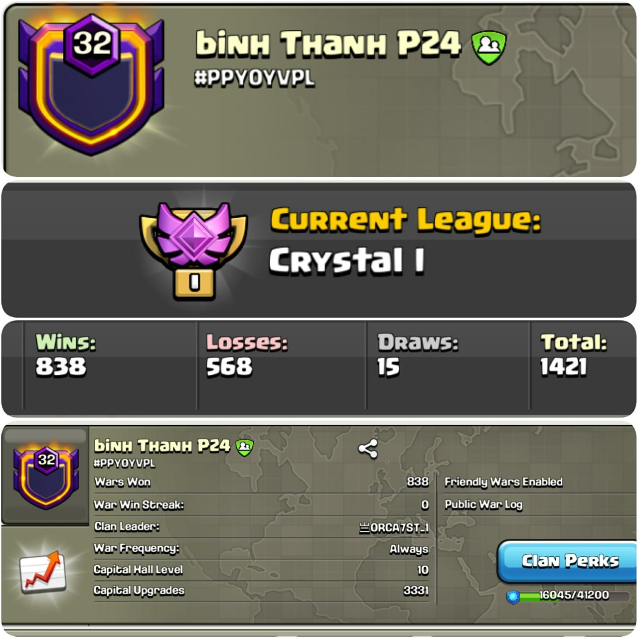 CU-3331➤CLAN LEVEL 32 ➤ CRYSTAL LEAGUE 1➤NAME: Binh Thann P24 ➤ ENGLISH NAME ➤CP MAX ➤ CLAN CAPITAL 10 || WIN- 838 | LOSS- 568 ➤LOW PRICE