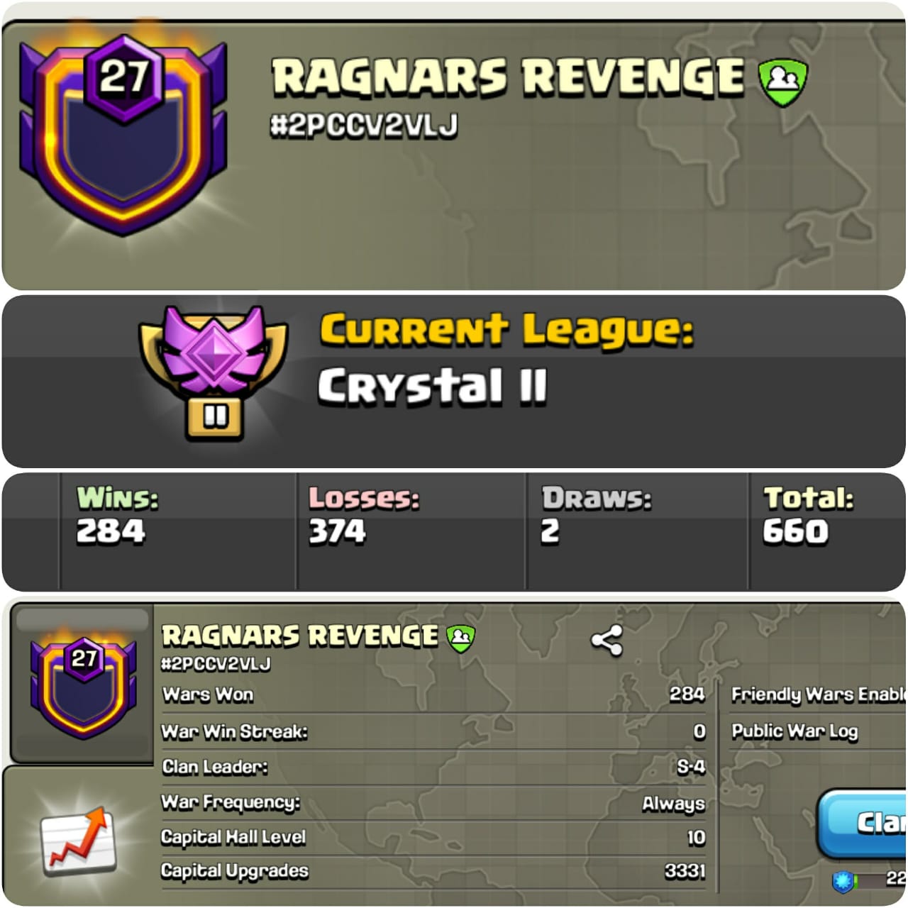 CU-3331➤CLAN LEVEL 27 ➤ CRYSTAL LEAGUE 2➤NAME:REGNARS REVENGE ➤ RARE ENGLISH NAME ➤ CLAN CAPITAL 10|| WIN- 284 | LOSS- 374➤LOW PRICE