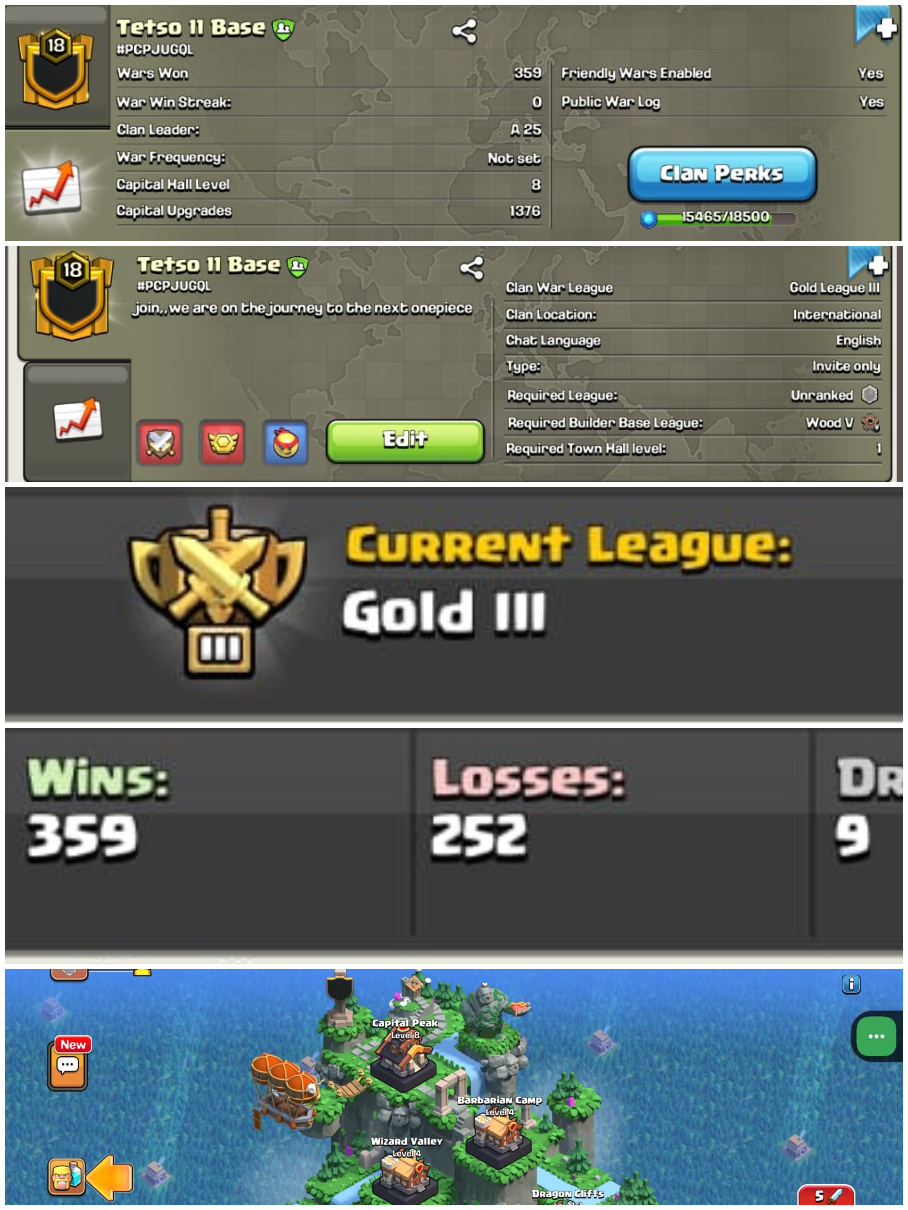 ➤CLAN LEVEL 18➤ GOLD LEAGUE 3 ➤NAME: Tetso 11 Base➤ RARE ENGLISH NAME ➤ CLAN CAPITAL 8 || WIN-359  | LOSS- 252 ➤LOW PRICE