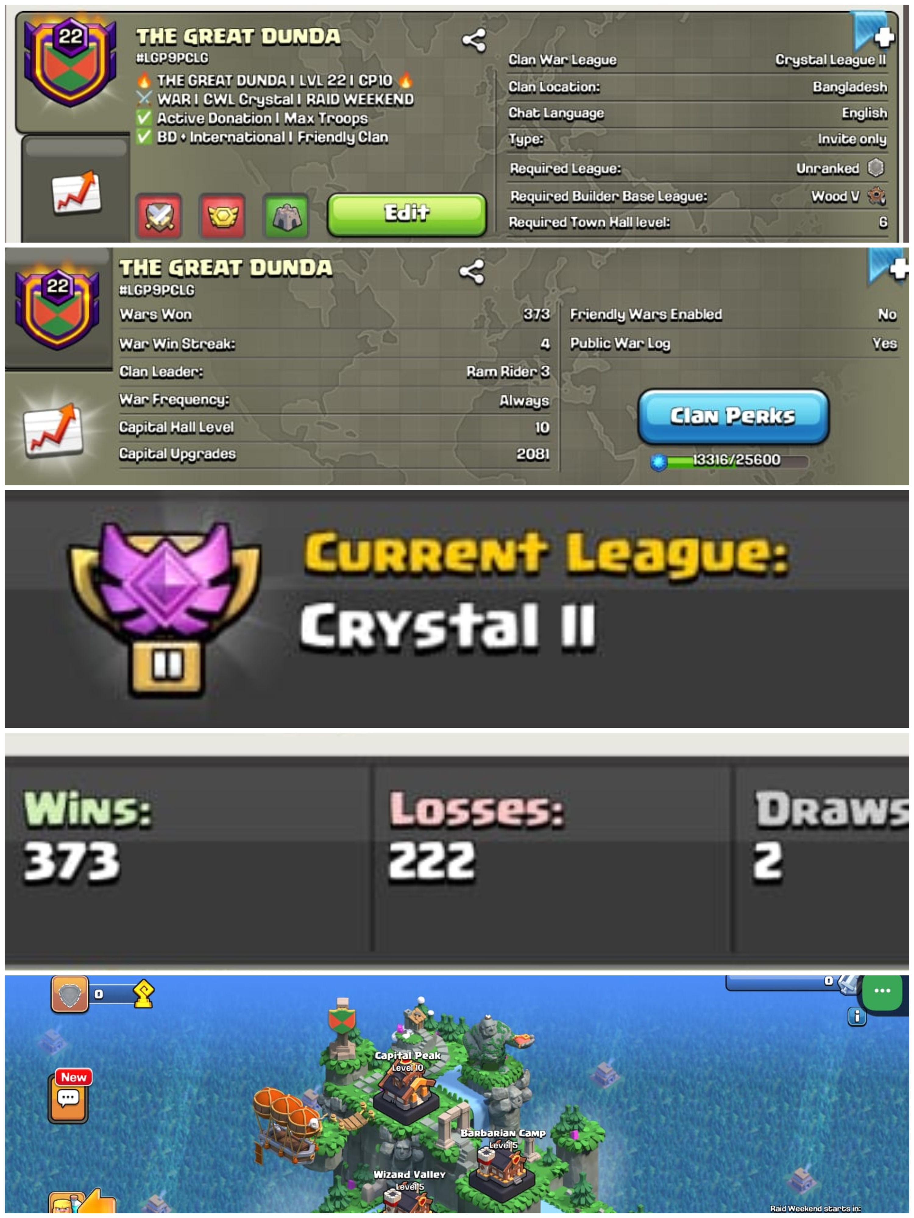 ➤CLAN LEVEL 22 ➤ CRYSTAL LEAGUE  2➤NAME:THE GREAT DUNDA ➤ RARE ENGLISH NAME ➤ CLAN CAPITAL 10|| WIN- 373 | LOSS- 222 ➤LOW PRICE