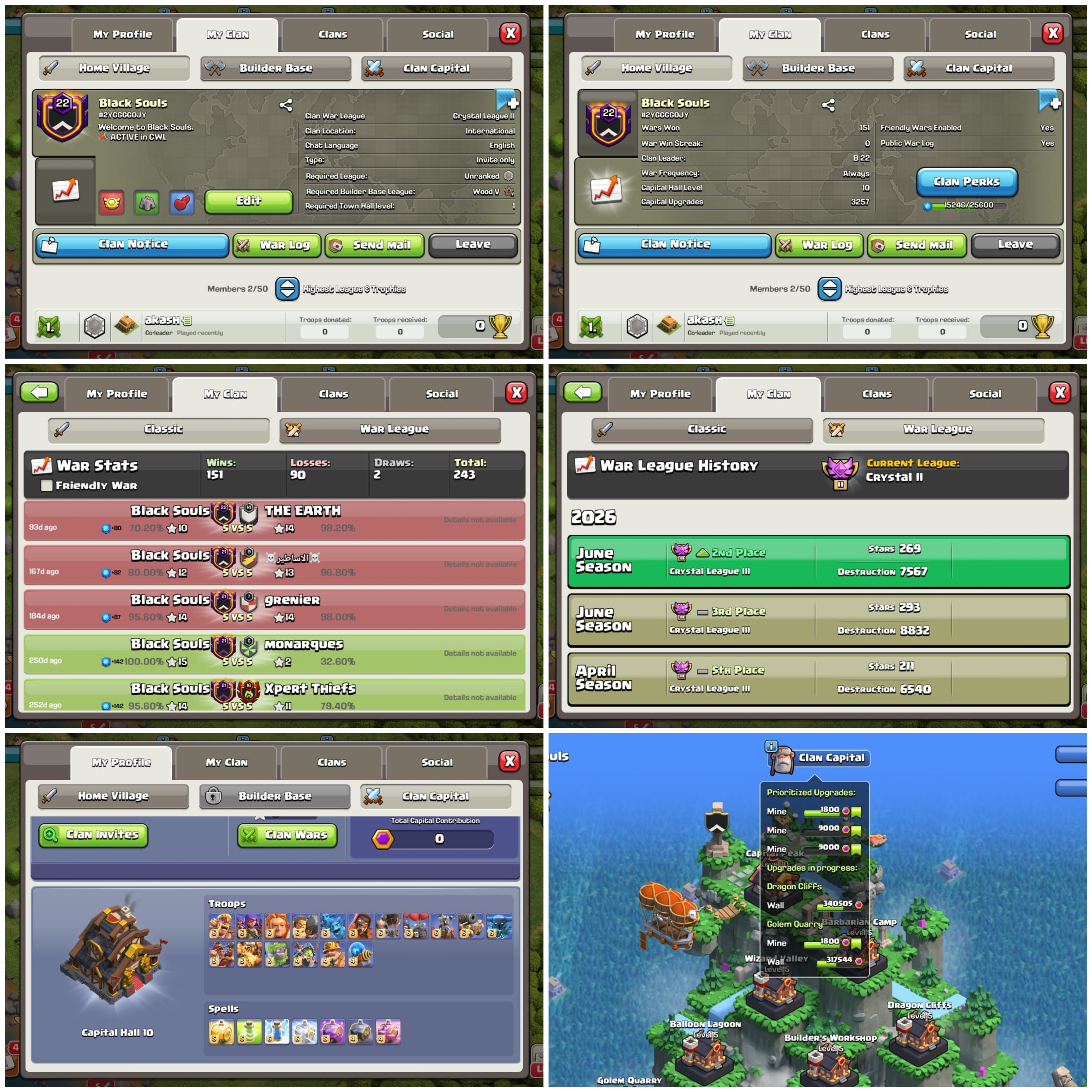 CU- 3257➤CLAN LEVEL 22➤ CRYSTAL LEAGUE 2 ➤NAME: Black Souls➤ RARE ENGLISH NAME ➤ CLAN CAPITAL 10|| WIN- 151 | LOSS- 90 ➤LOW PRICE