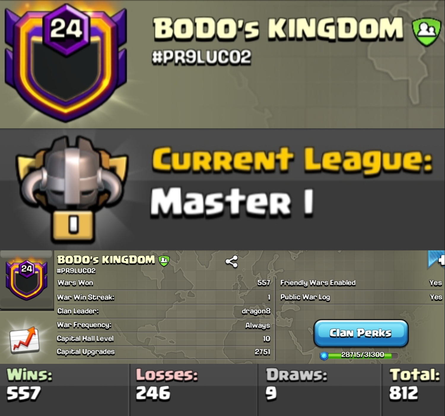 Level 24 clan || clan capital 10 || master 1 || warlog 557-246 || name - BODO's KINGDOM