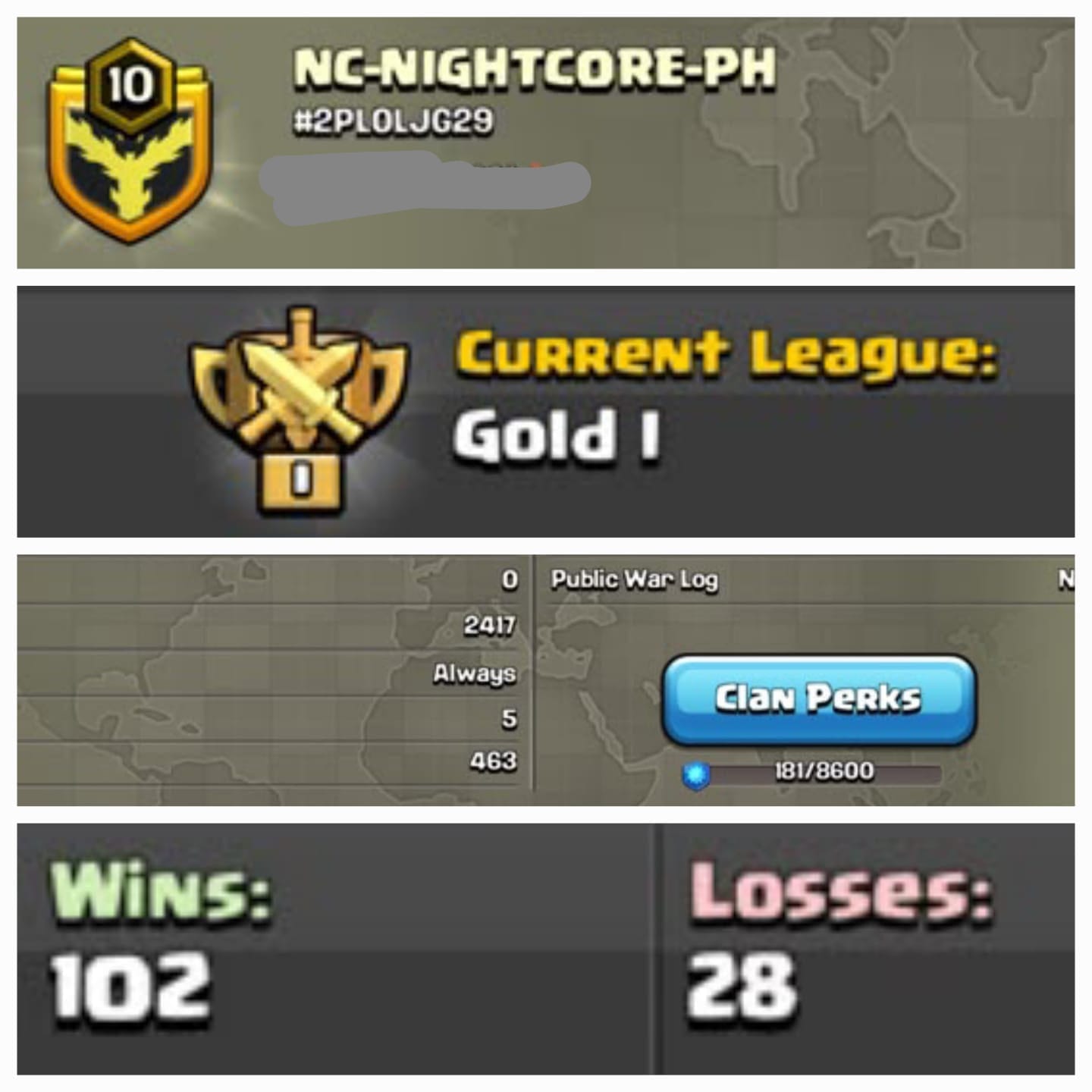 Level 10 clan || clan capital 5 || gold 1 || warlog 102-28 || name - NC-NIGHTCORE-PH