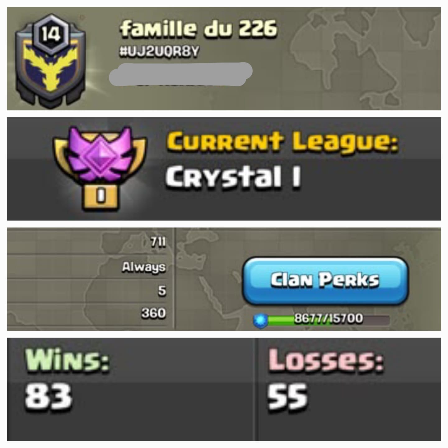 level 14 clan || clan capital 5 || crystal 1 || warlog 83-55 || French name - famille du 226