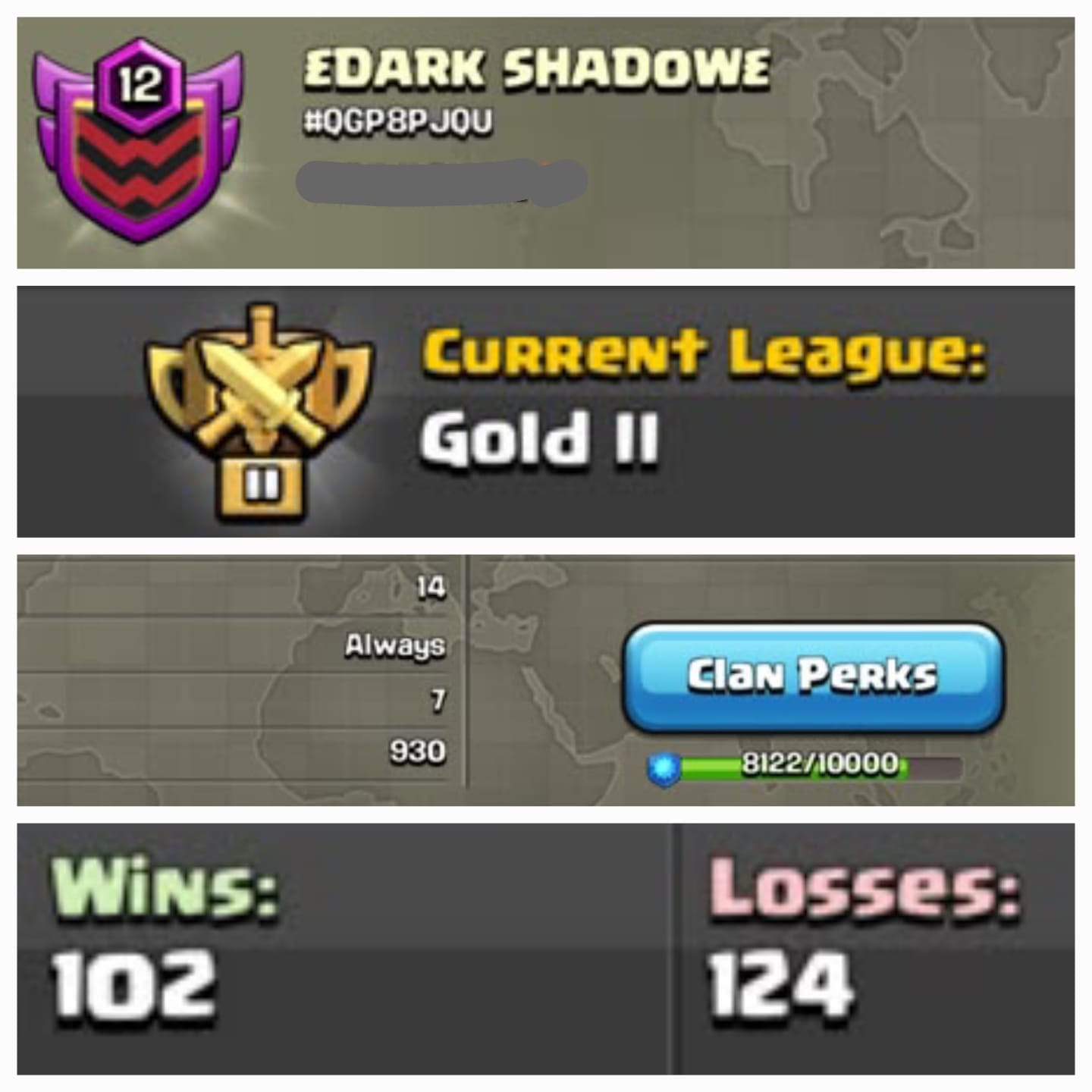 Level 12 clan || clan capital 7 || gold 2 || name - £DARK SHADOW£