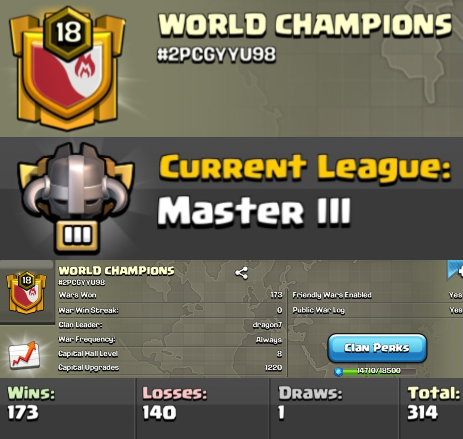 Level 18 clan || clan capital 8 || master 3 || warlog 173-140 || name - WORLD CHAMPIONS