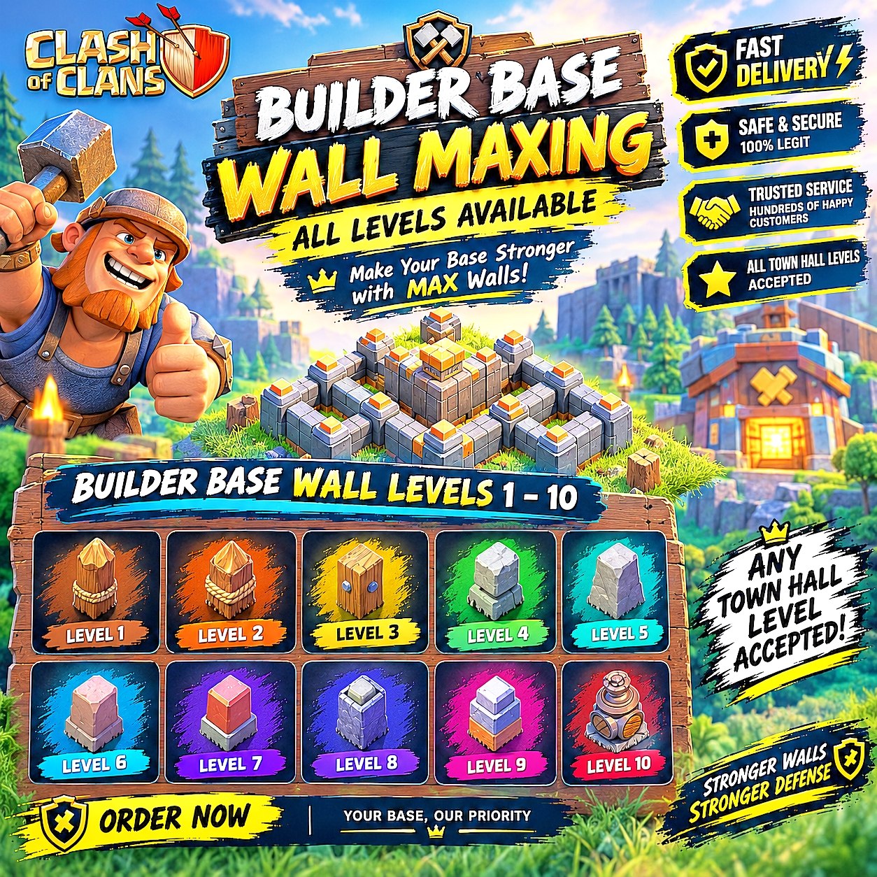 ❣️ COC WALL MAXING ⚡ ANY BUILDER HALL 💥 BUILDER BASE ANY LEVELS WALL 💕 LOGIN REQUIRED ❤‍🔥 FAST DELIVERY 🚚