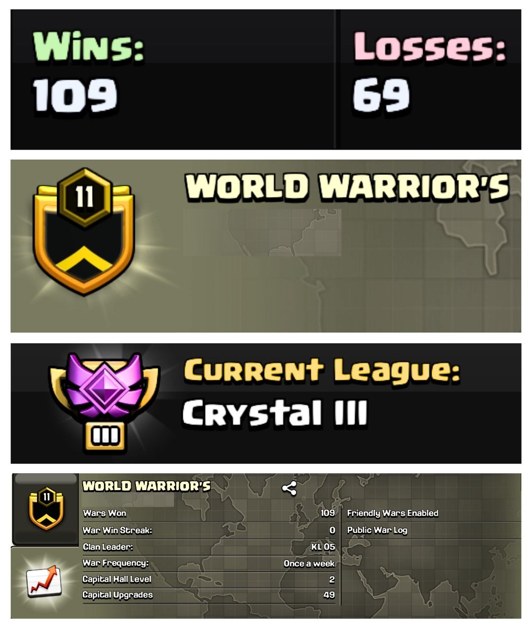 🔥 OP LVL 11 ENGLISH CLAN 🎉 WORLD WARRIORS 😍 CRYSTAL 3 👾 CAPITAL 2 😶‍🌫️ 109W/ 69L 🔺 FAST DELIVERY BUY NOW #LB