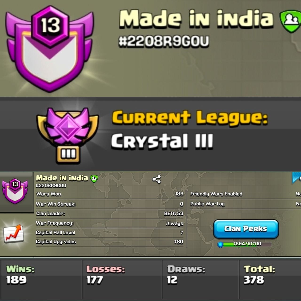Level 13 clan || clan capital 7 || crystal 3 || warlog 189-177 || name - Made in india