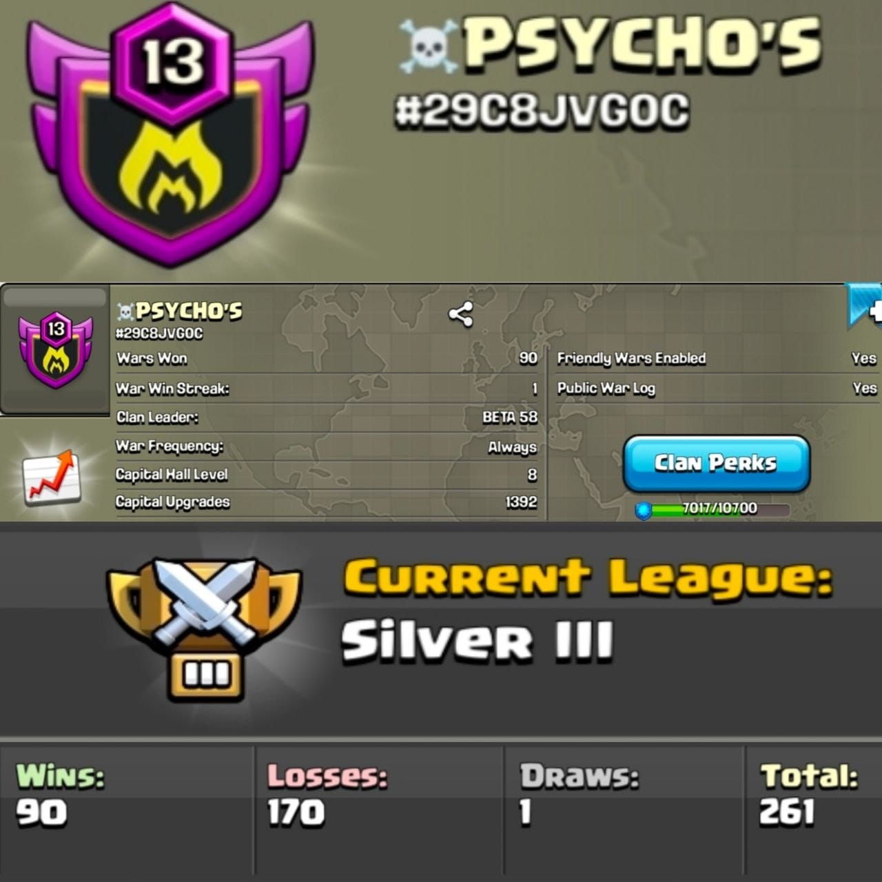 Level 13 clan || clan capital 8 || silver 3 || name - PSYCHO'S