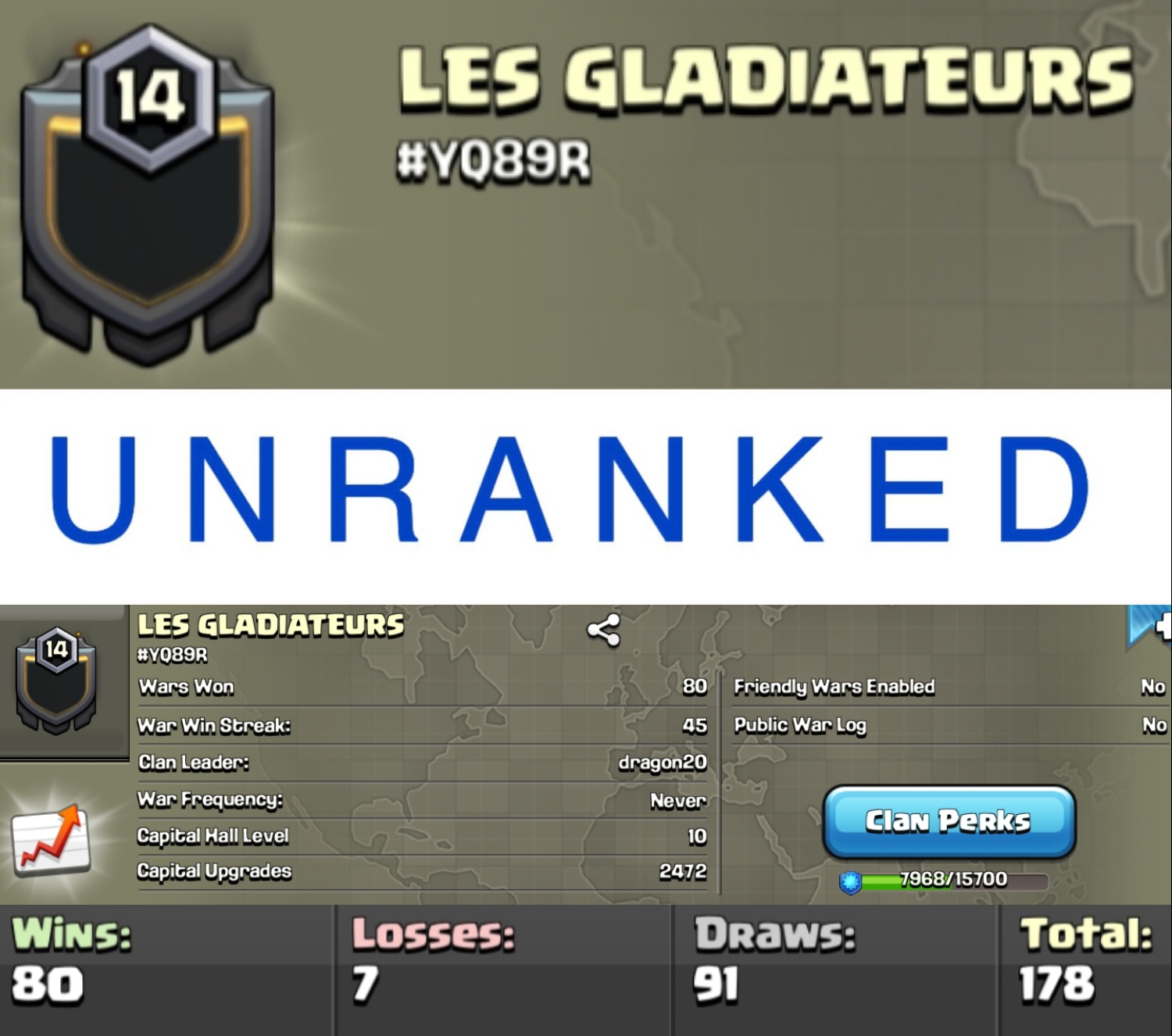 Rare 5 digit tag level 14 clan || unranked clan capital 10 || warlog 80-7 war win streak 45 ||  name - LES GLADIATEURS