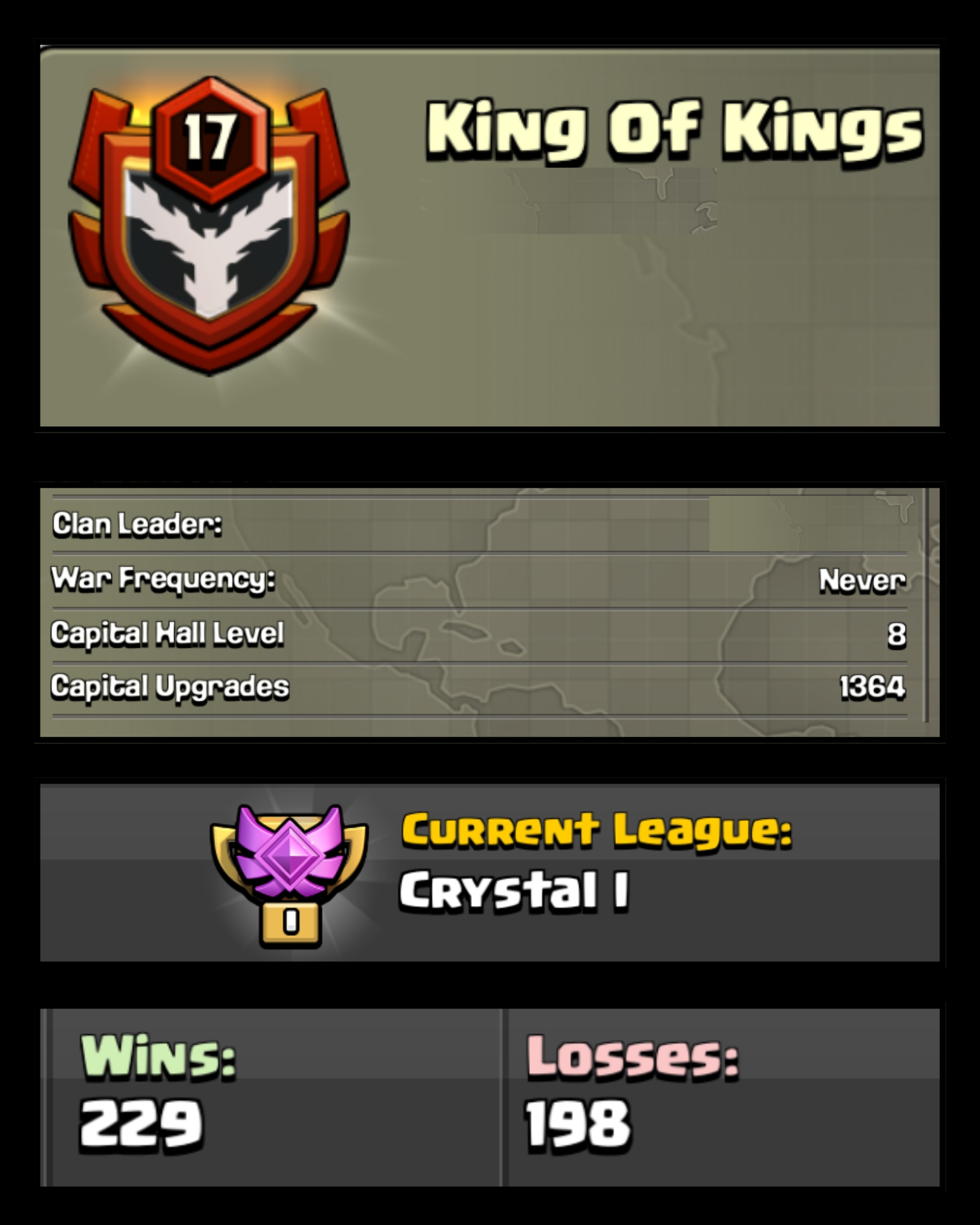 ⚡️ OP LVL 17 ENGLISH CLAN 💙 KING OF KINGS 🌟 CRYSTAL 1 💥 CAPITAL HALL 8 🍀 229W/ 198L ✨ FAST DELIVERY📦 BUY NOW #LB