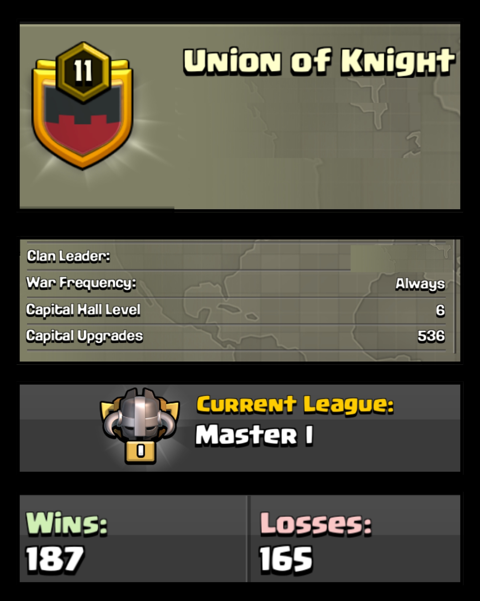 ❤️ OP LVL 11 ENGLISH CLAN 👻 UNION OF KNIGHT 🌟 MASTER 1 💥 CAPITAL HALL 6 🍀 187W/ 165L ✨ FAST DELIVERY📦 BUY NOW #LB