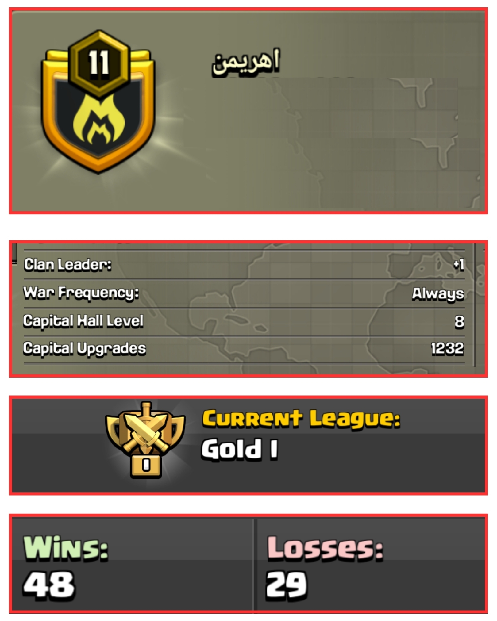 💥 OP LVL 11 ENGLISH CLAN 🌙 اهریمن 🏆 GOLD 1 🗡 CAPITAL HALL 8 🍃 48W/ 29L 🌟 FAST DELIVERY📦 BUY NOW #LB
