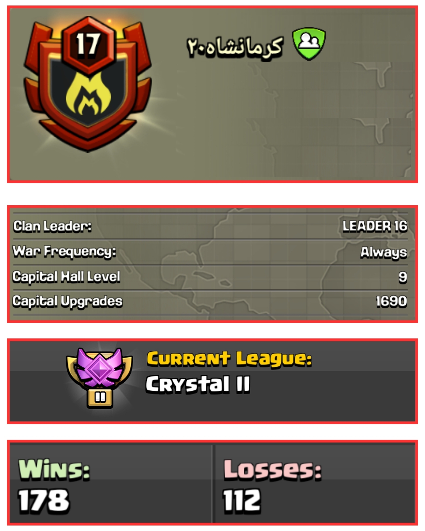 ⚡️ OP LVL 17 ENGLISH CLAN 🌺 کرمانشاه ۲۰ 🏆 CRYSTAL 2 🗡 CAPITAL HALL 9 🍃 178W/ 112L 🌠 FAST DELIVERY📦 BUY NOW #LB