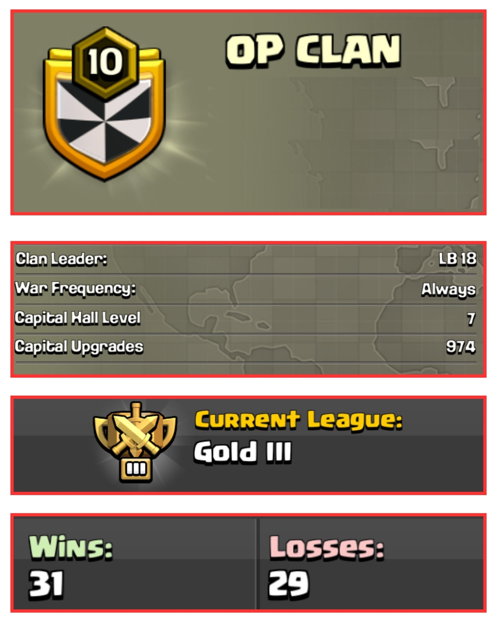 🔥 OP LVL 10 ENGLISH CLAN 💎 OP CLAN 🏅 GOLD 3 ⚔️ CAPITAL HALL 7 🍀 31W/ 29L 💫 FAST DELIVERY📦 BUY NOW #LB