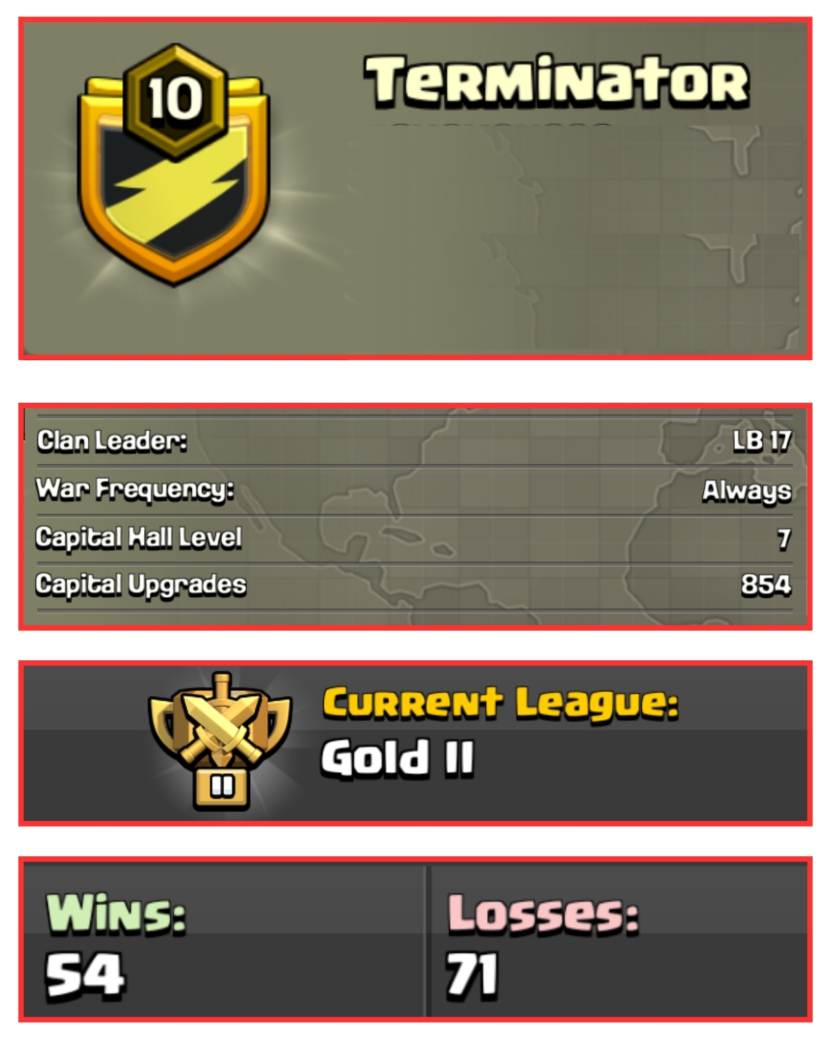 🧨 OP LVL 10 ENGLISH CLAN 💙 TERMINATOR 🥇 GOLD 2 ⚡️ CAPITAL HALL 7 🍃 54W/ 71L 🌠 FAST DELIVERY📦 BUY NOW #LB