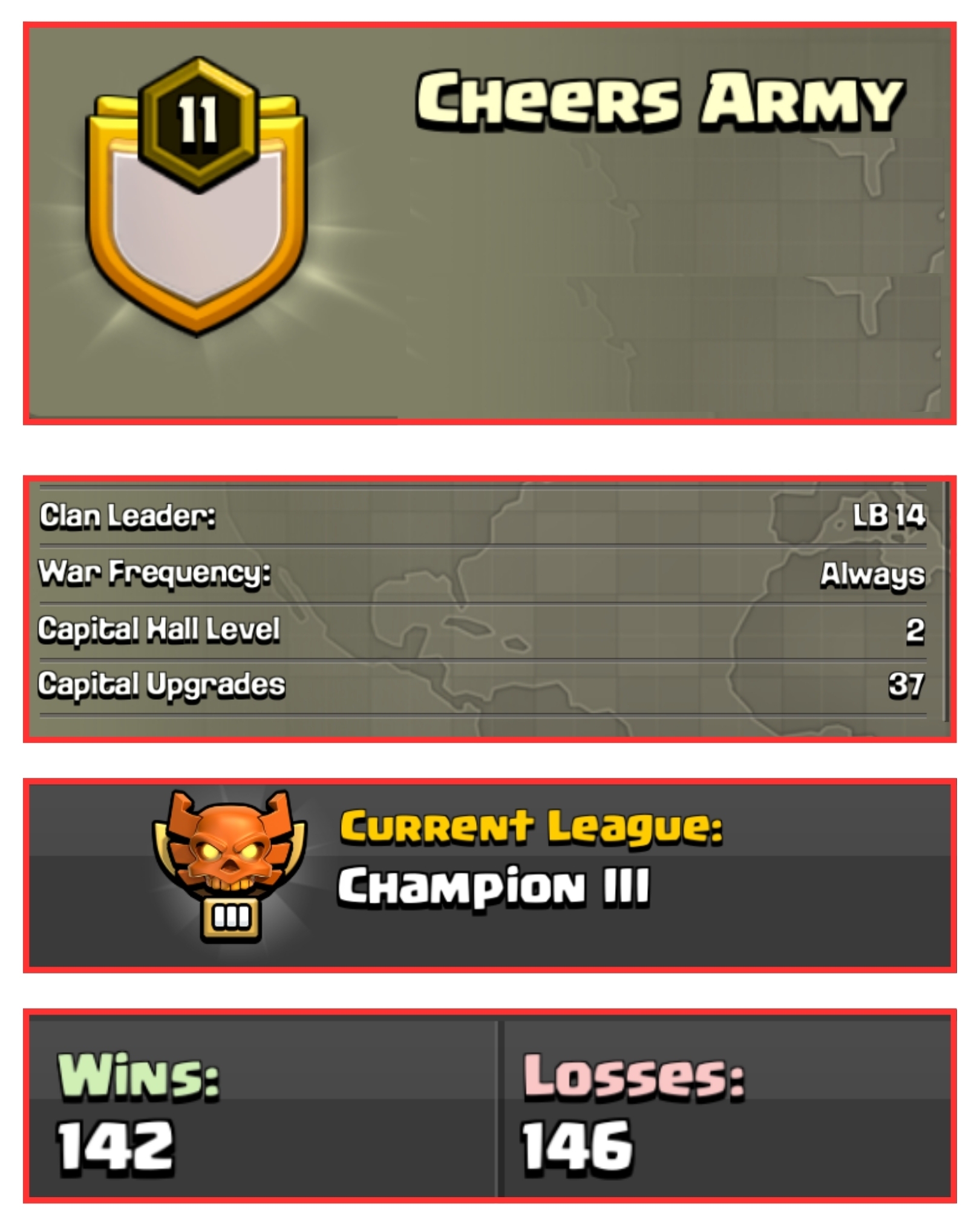 🎯 OP LVL 10 ENGLISH CLAN 💜 CHEERS ARMY 🏆 CHAMPIONS 3 ⚡️ CAPITAL HALL 2 🌱 142W/ 146L 💫 FAST DELIVERY📦 BUY NOW #LB
