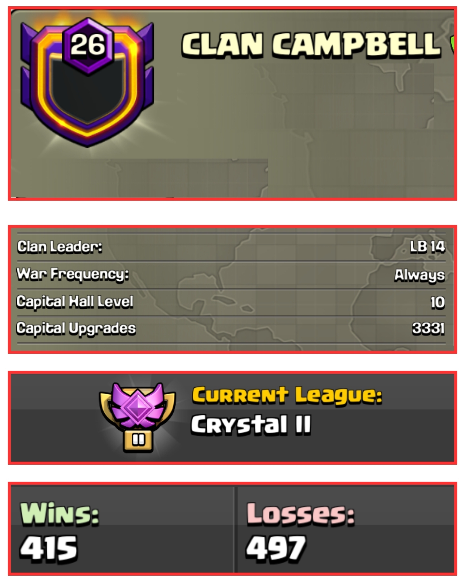 🚀 OP LVL 26 ENGLISH CLAN 💙 CLAN CAMPBELL 🌟 CRYSTAL 2 ⚔️ CAPITAL HALL 10 MAX 🍁 415W/ 497L 💫 FAST DELIVERY📦 BUY NOW #LB