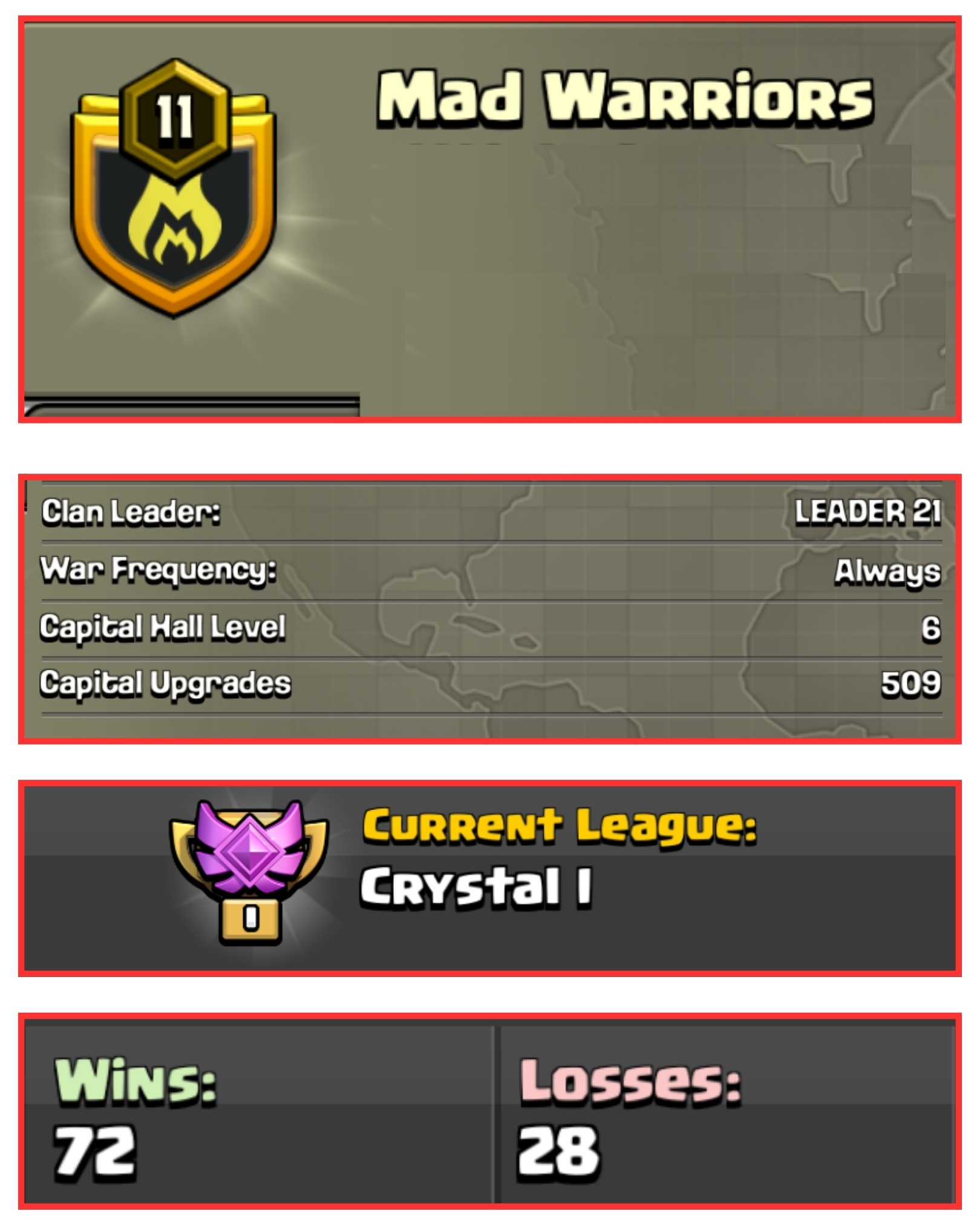 ⚔️ OP LVL 11 ENGLISH CLAN 💜 MAD WARRIORS 🏅 CRYSTAL 1 🚀 CAPITAL HALL 6 🌱 72W/ 28L 💫 FAST DELIVERY📦 BUY NOW #LB