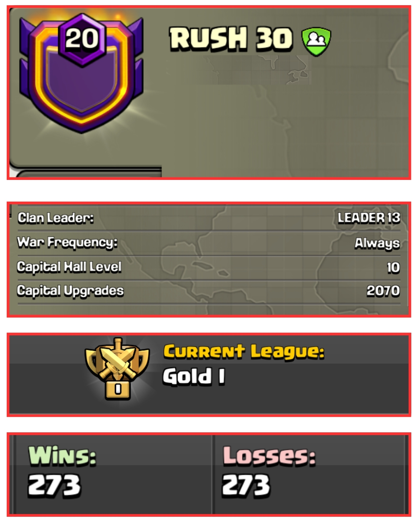 🚀 OP LVL 20 ENGLISH CLAN 💜 RUSH 30 🌟 GOLD 1 ⚔️ CAPITAL 6 🍃 273W/ 273L 💫 FAST DELIVERY📦 BUY NOW #LB