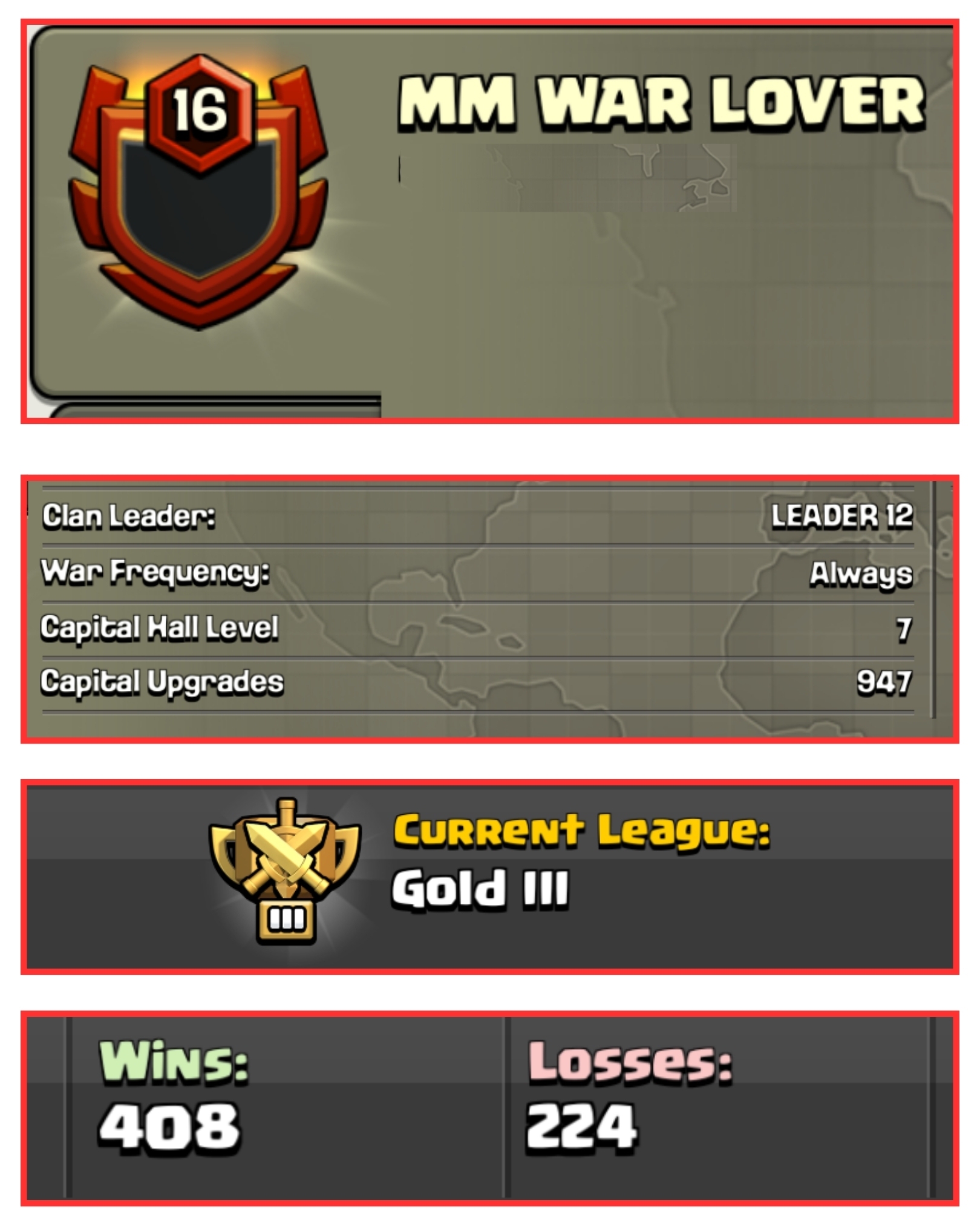 🌪 OP LVL 16 ENGLISH CLAN 💎 MM WAR LOVER 🌸 GOLD 3 ⚡️ CAPITAL HALL 7 🌿 408W/ 224L 💫 FAST DELIVERY📦 BUY NOW #LB
