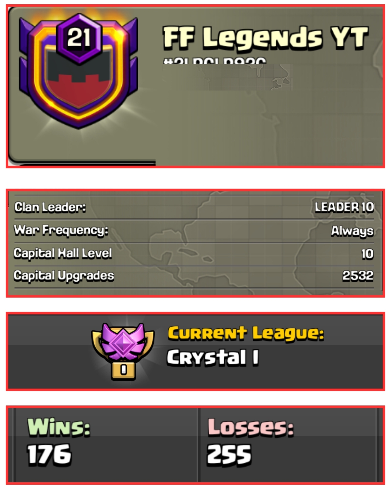 ⚡️ OP LVL 21 ENGLISH CLAN 💙 FF LEGENDS YT 🌟 CRYSTAL 1 💥 CAPITAL HALL 10 MAX 🍀 176W/ 255L ✨ FAST DELIVERY📦 BUY NOW #LB