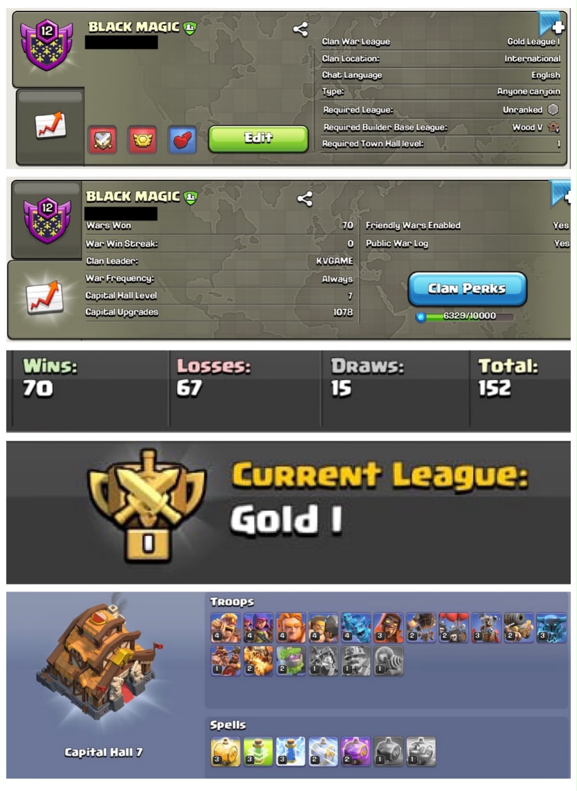 NAME : BLACK MAGIC  || LVL 12.7 || GOLD 1  || W-L-T-D : 70-67-15-152 || CC : 7