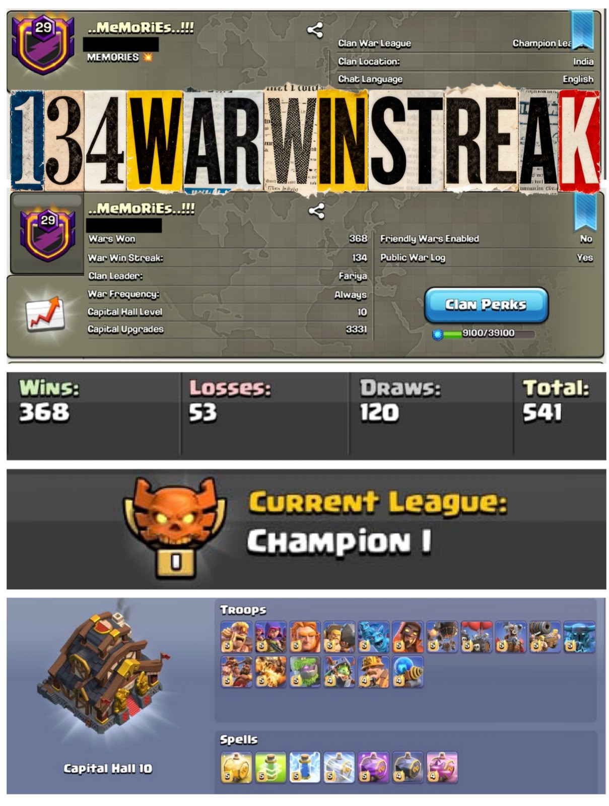 [134 WAR WIN STREAK+CHAMP 1+CC : 10] NAME : MEMORIES || LVL 29.3 || W-L-T-D : 368-53-120-541