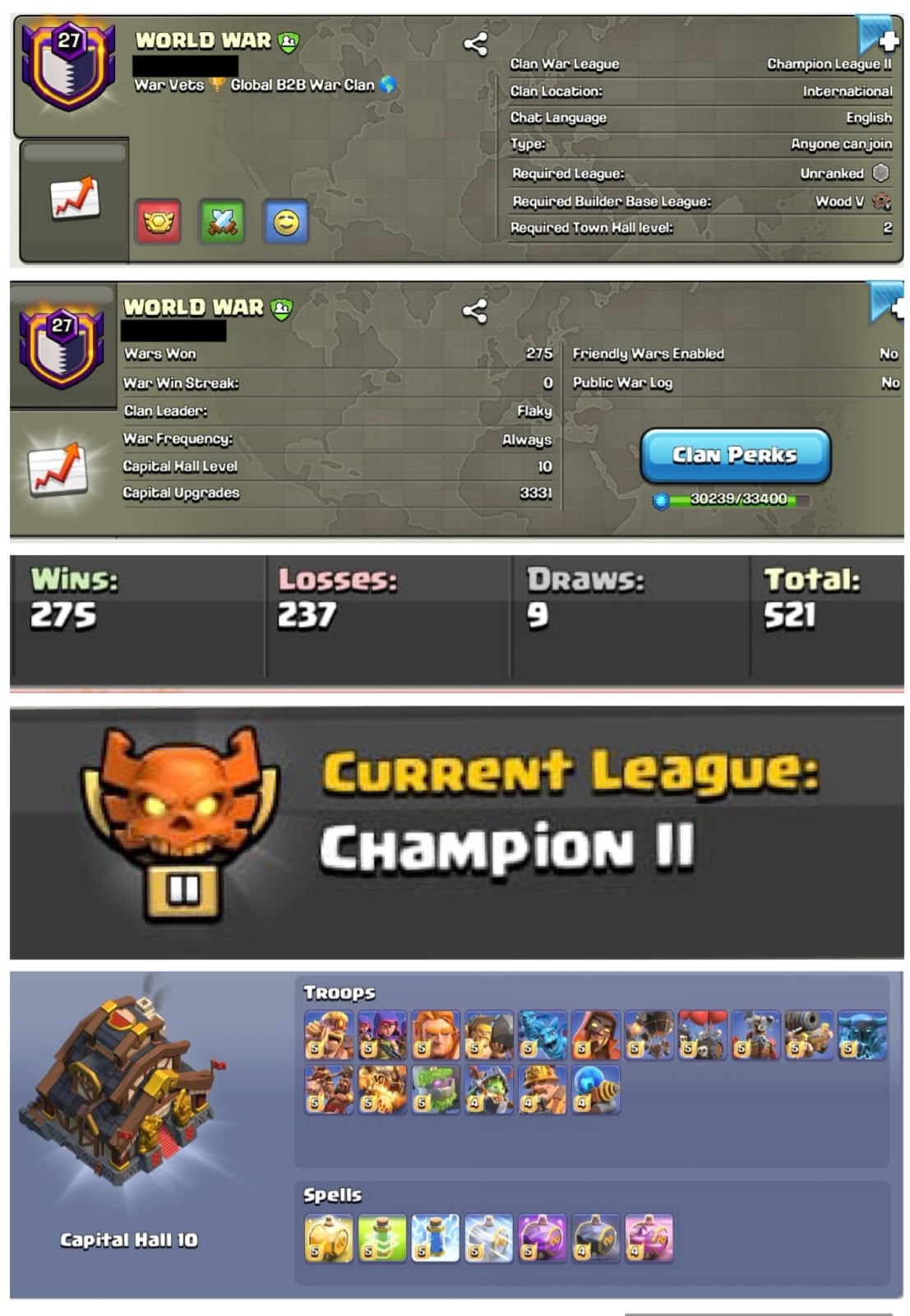 CHAMP 2 + CC : 10 || NAME : WORLD WAR || LVL 27.9 || W-L-T-D : 275-237-9 - 521