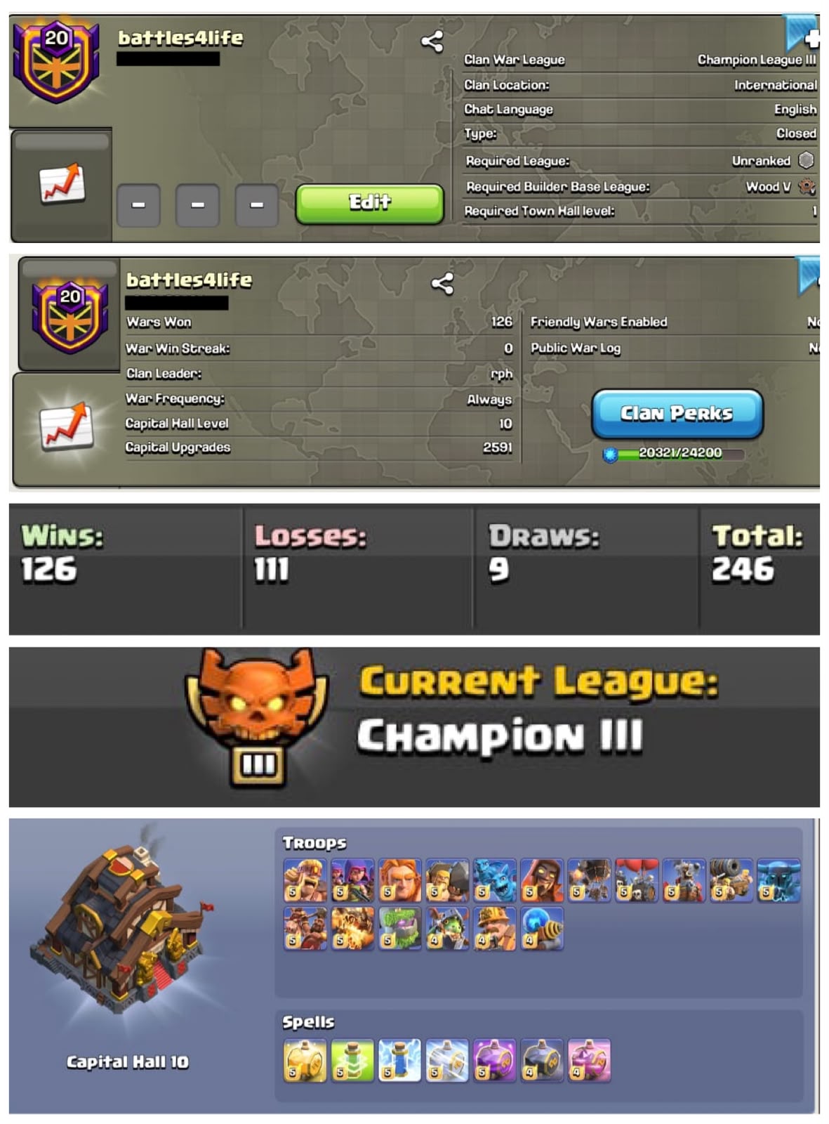 CHAMP 3 + CC : 10 || NAME : battles4life || LVL 20.8 || W-L-T-D : 126-111-9-246